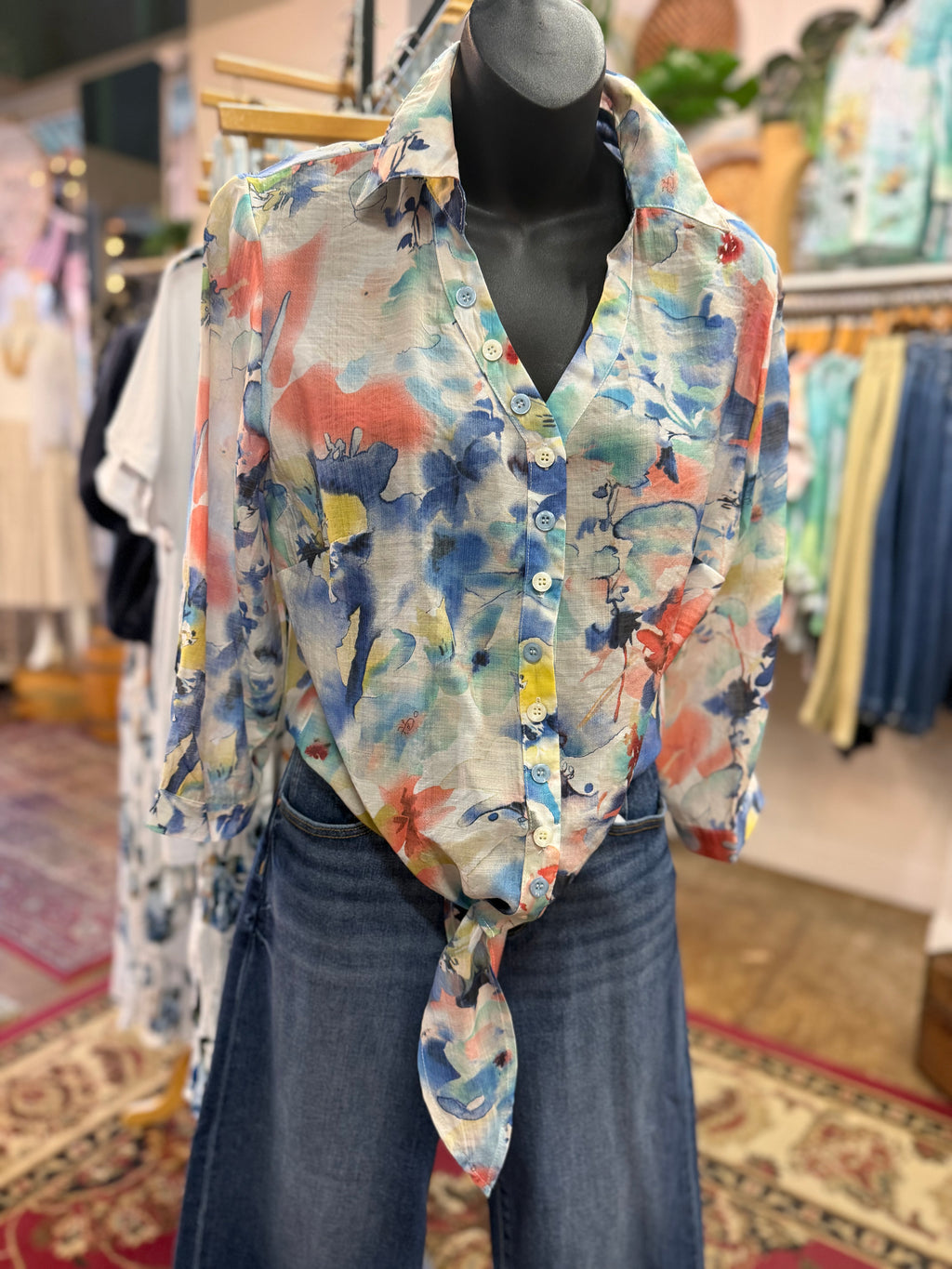 Tie front button up lightweight print blouse