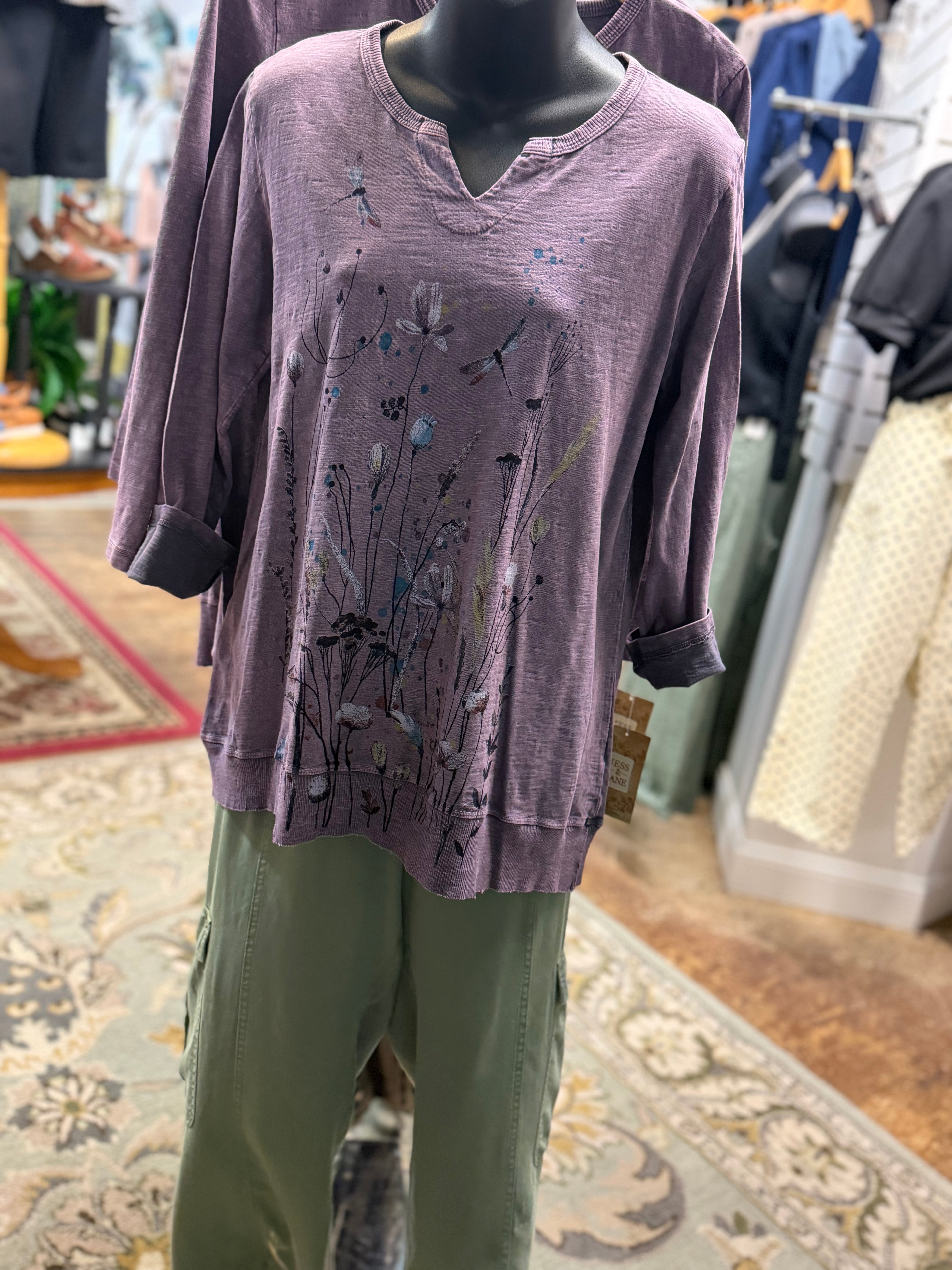 Amethyst colored mineral wash dragonfly print tunic