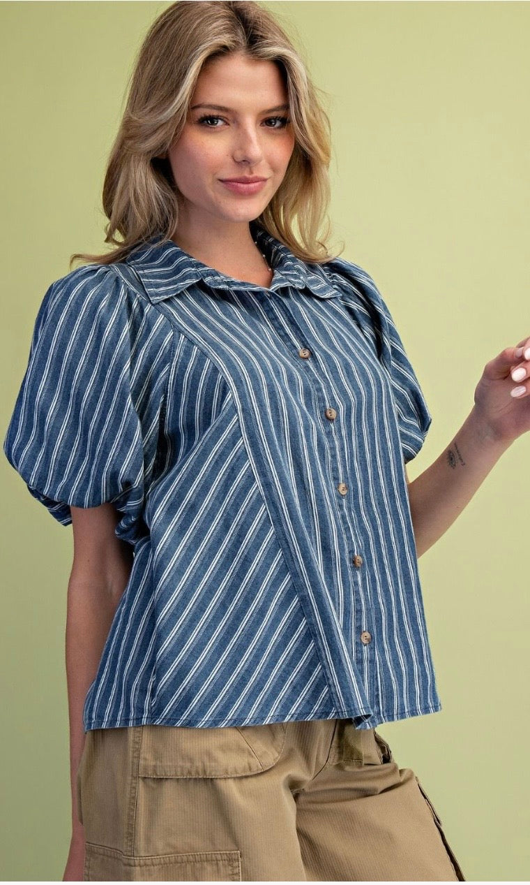 Stripe denim button-up top easel