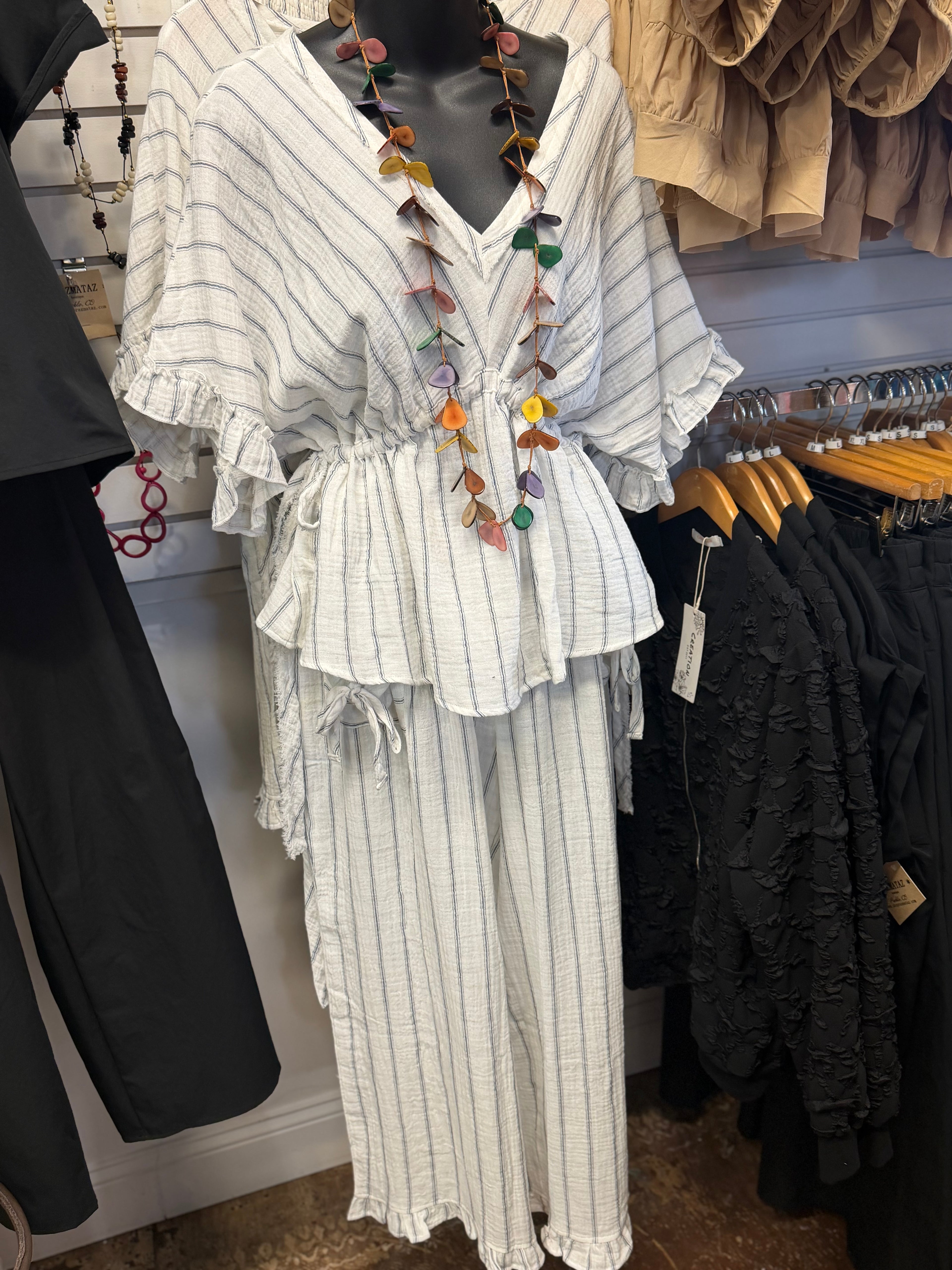 Stripe cotton pullon wide leg pant