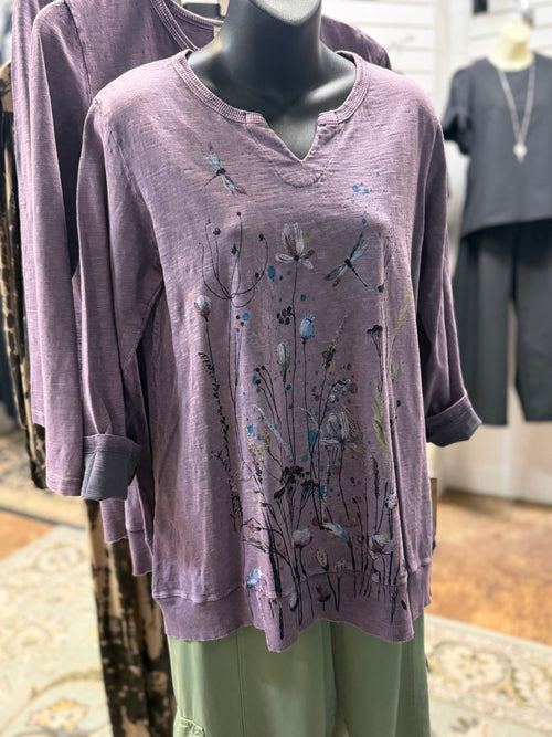 Amethyst colored mineral wash dragonfly print tunic