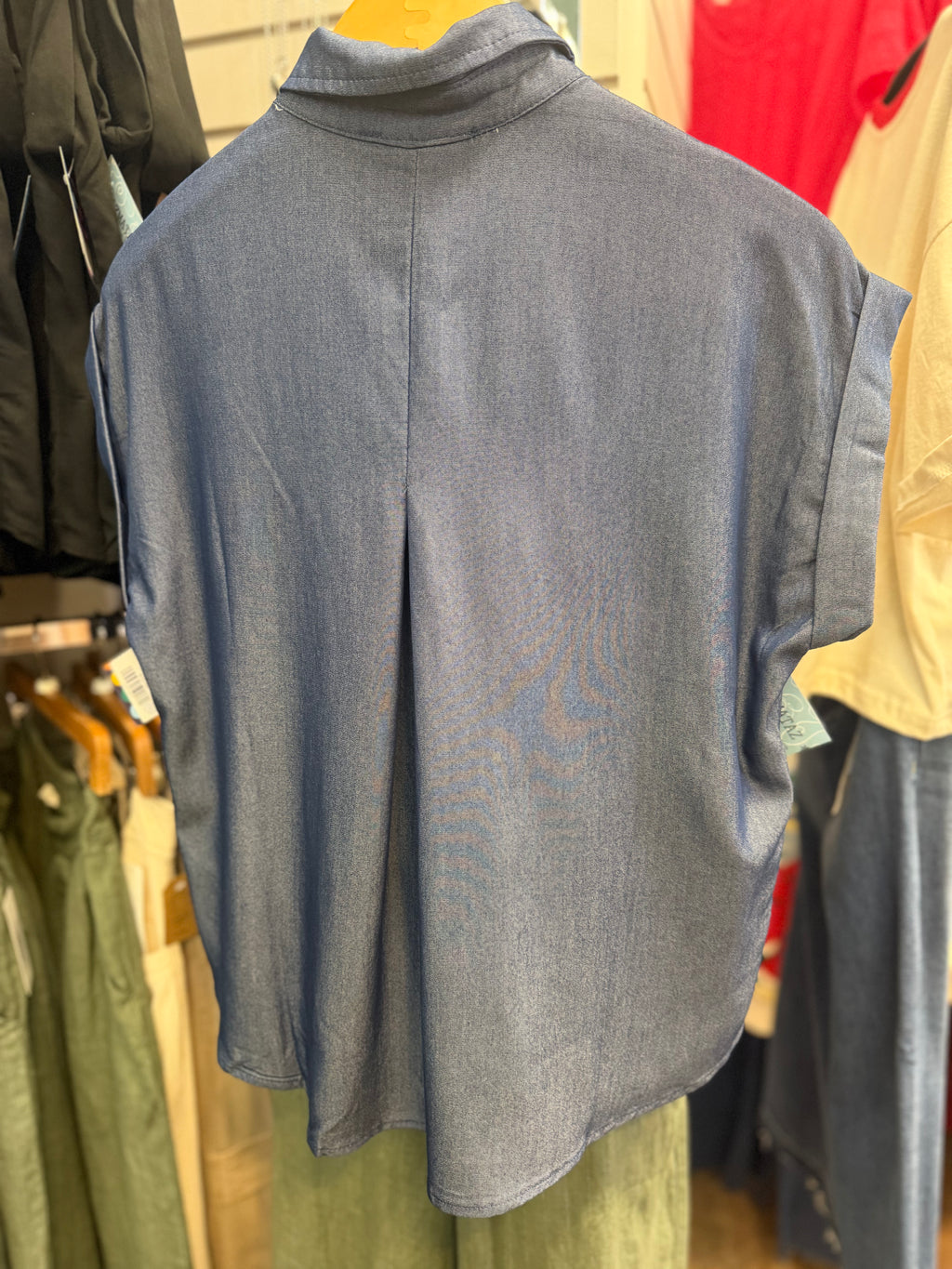 Dark denim button up sleeveless blouse