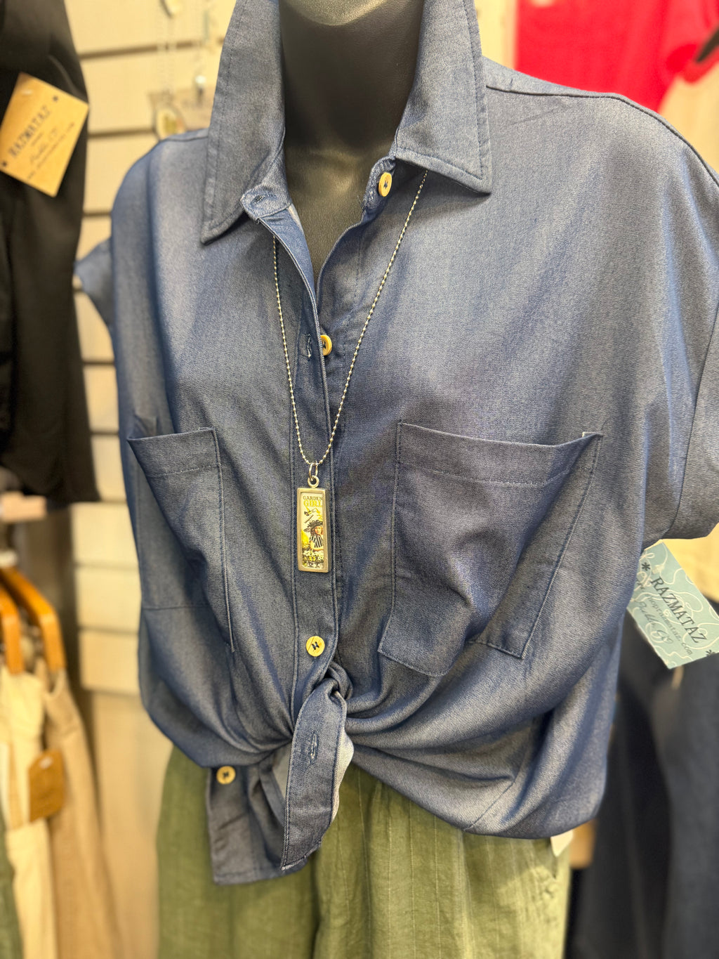 Dark denim button up sleeveless blouse