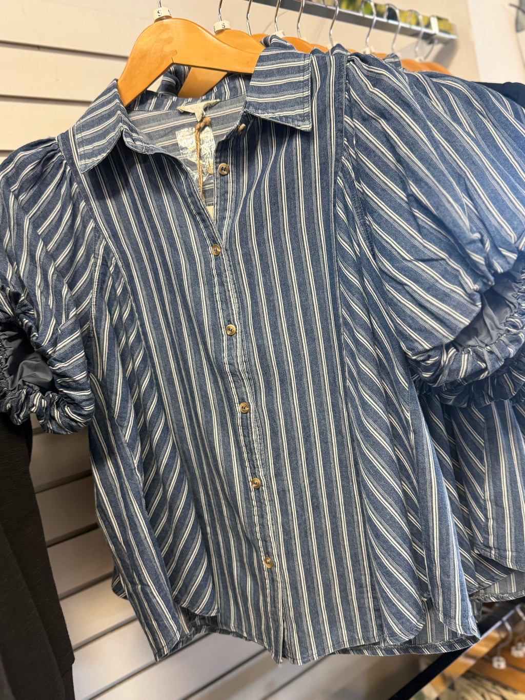 Stripe denim button-up top easel