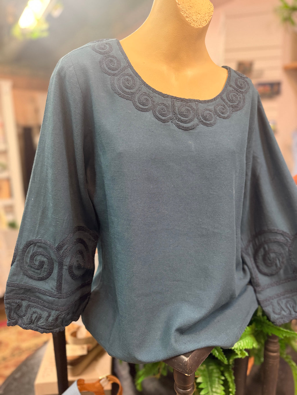 Deep teal embroidered sleeve & neckline blouse