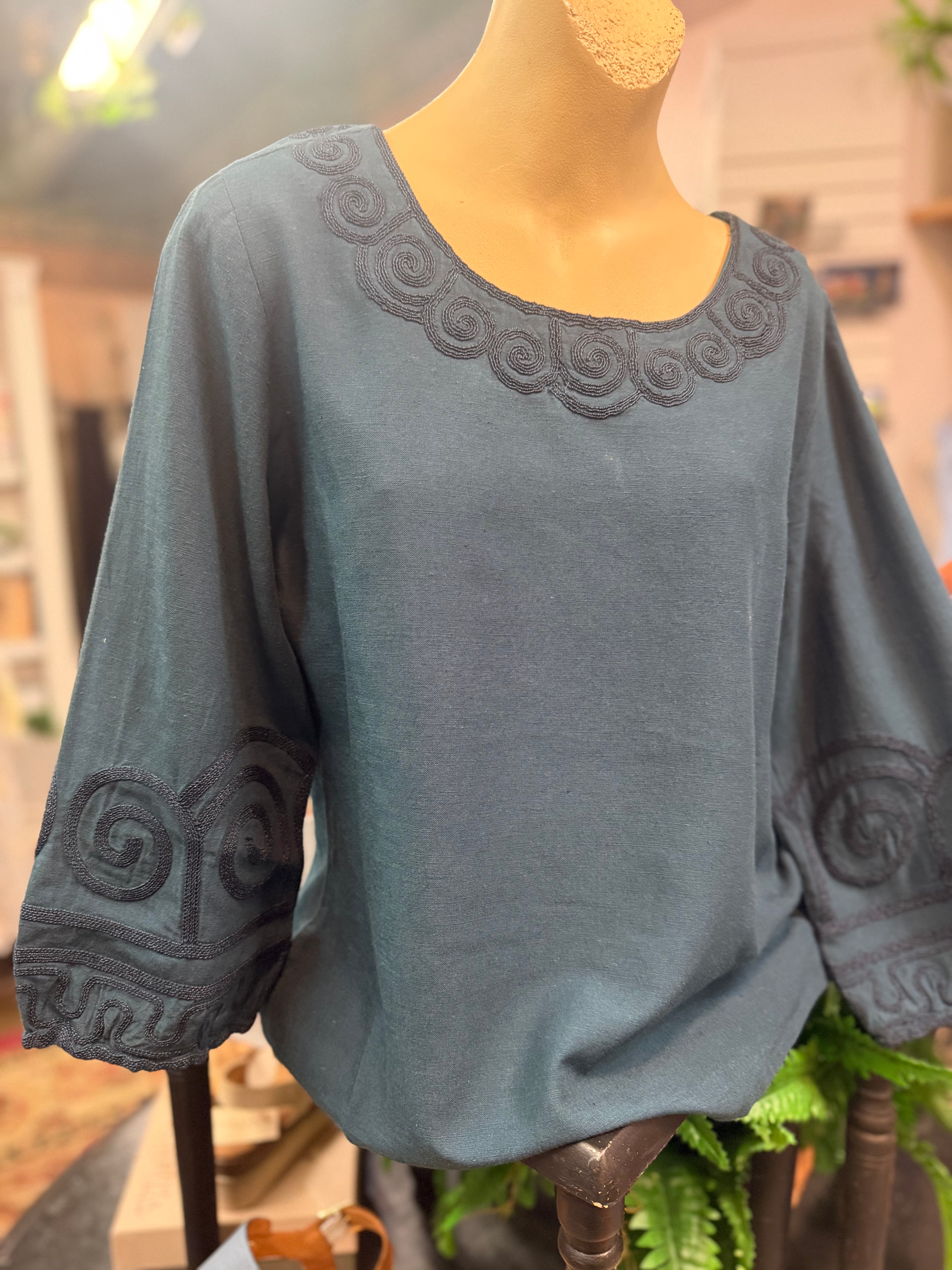 Deep teal embroidered sleeve & neckline blouse