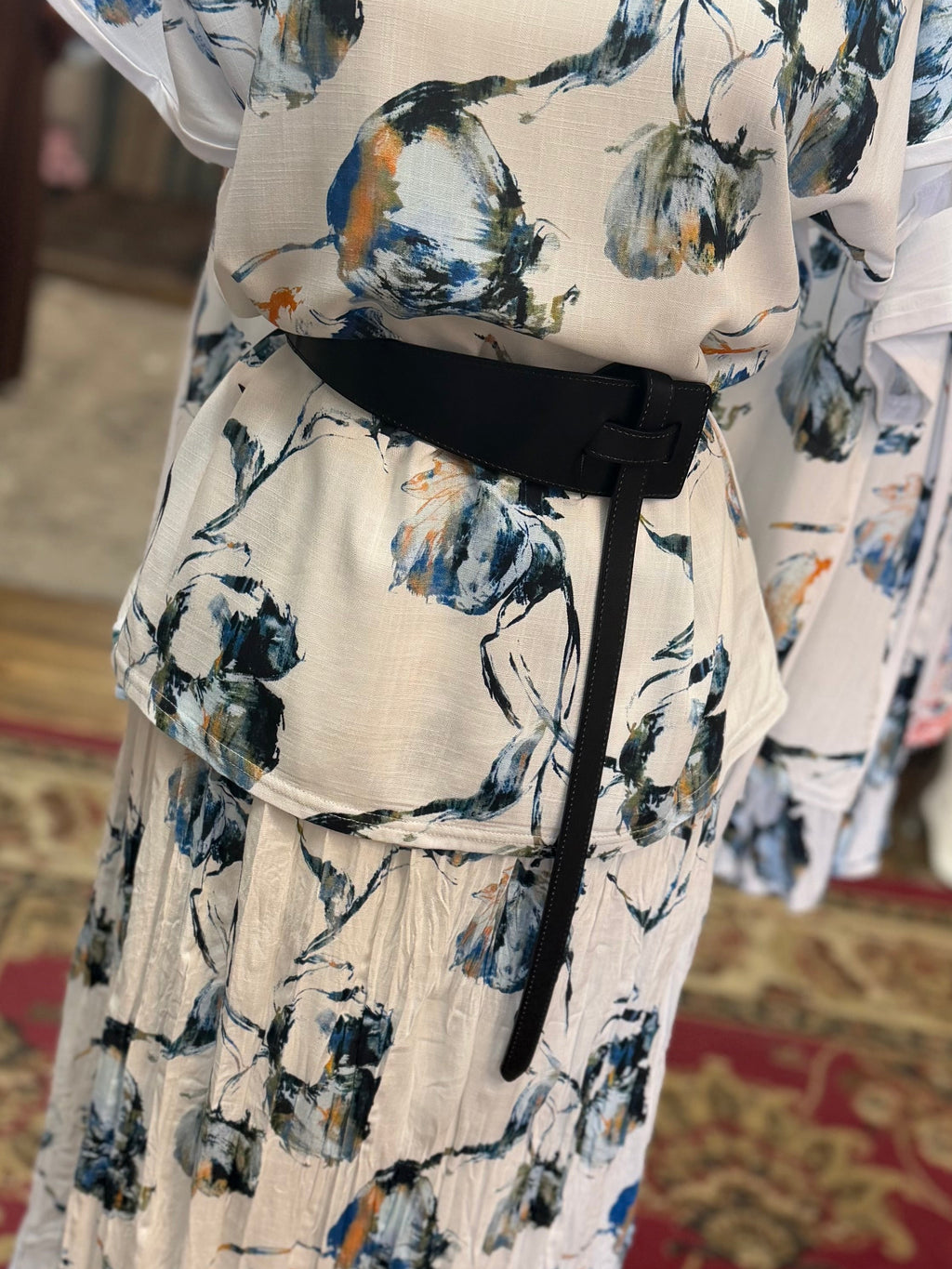 Blue and white print broomskirt