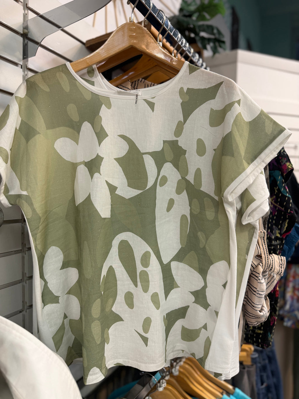 Sage & white print linen front knit back top