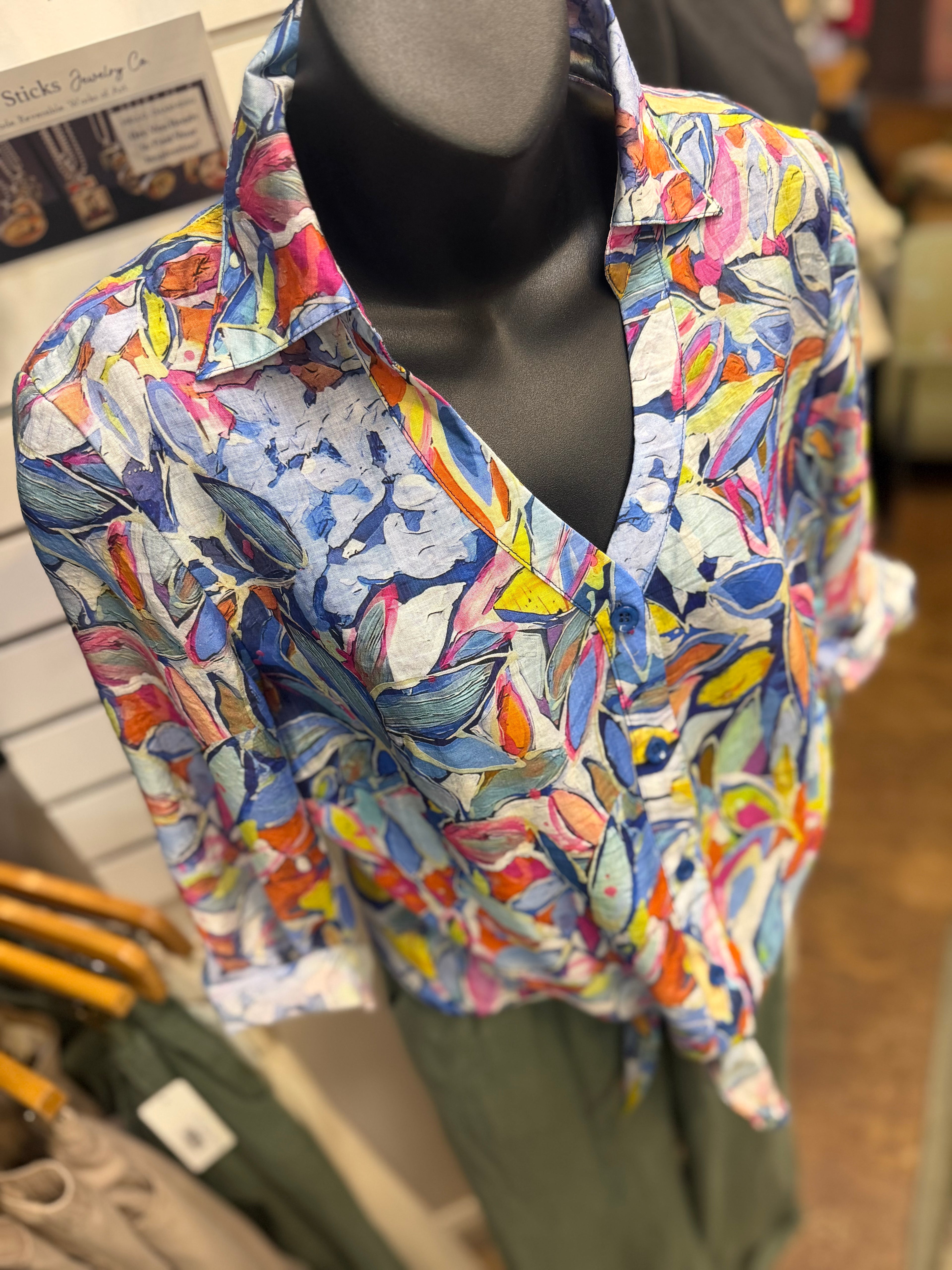 Tie front lightweight new leaf print