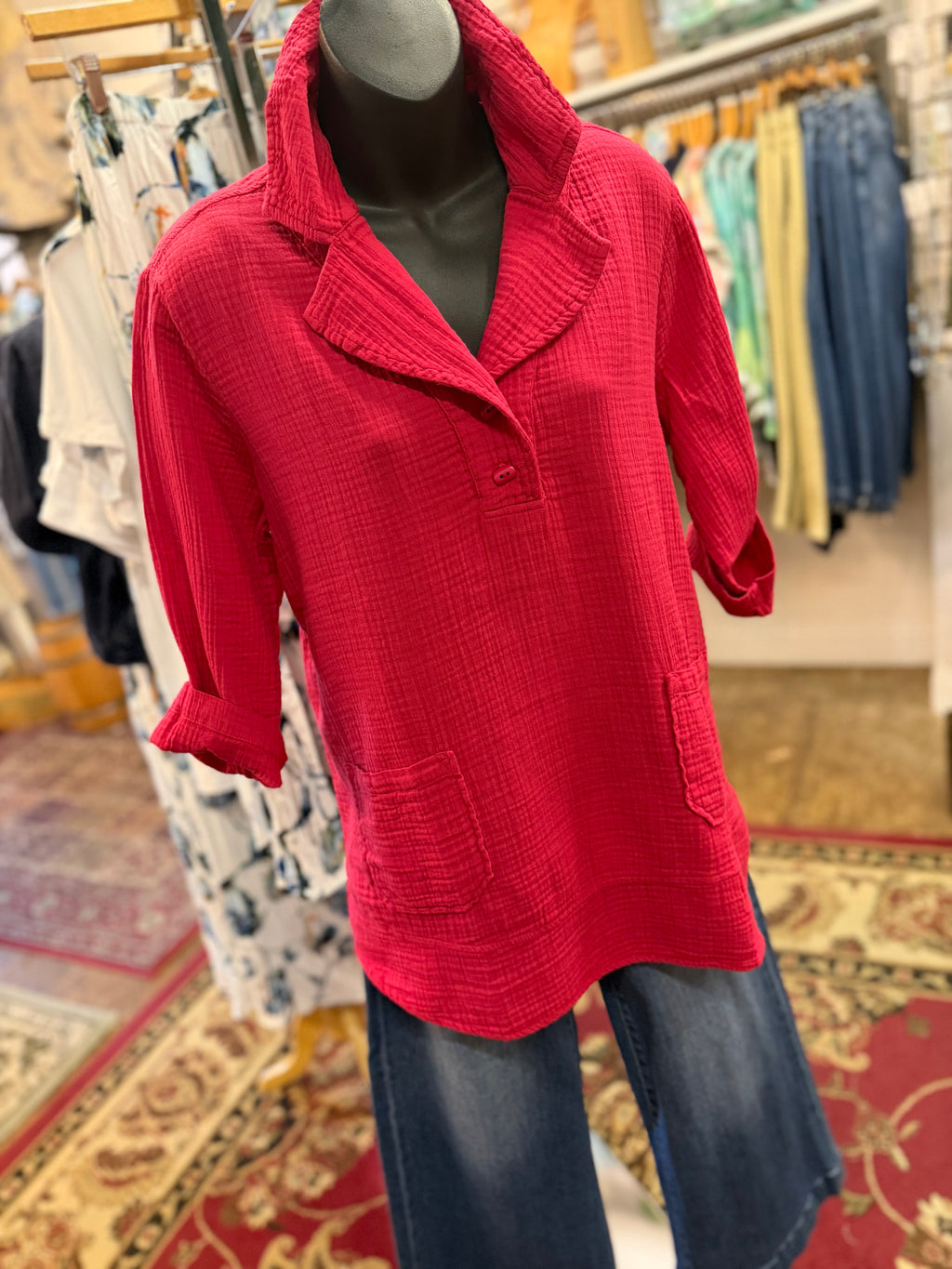 Raspberry double cotton gauze 3/4 sleeve with collar