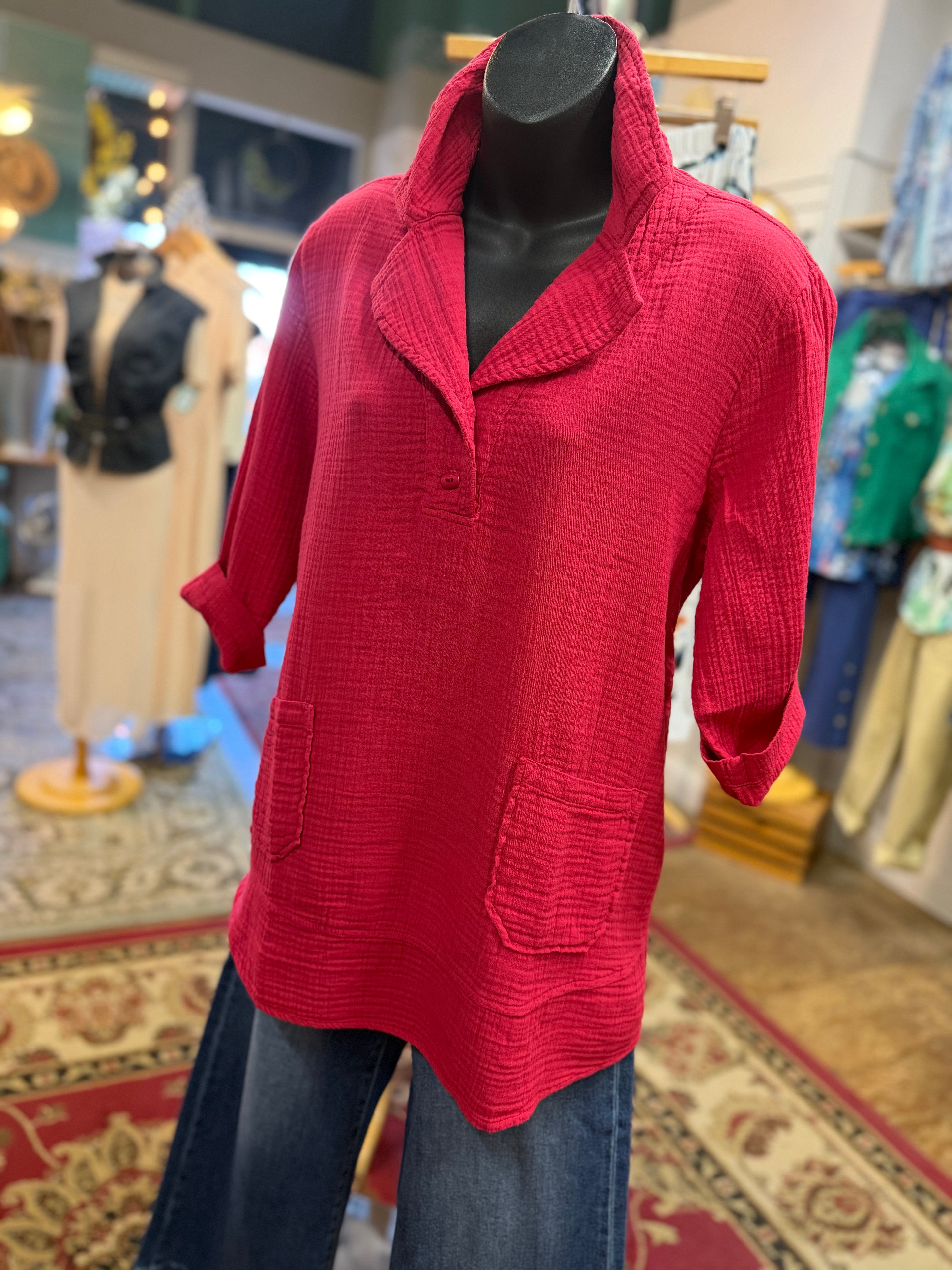Raspberry double cotton gauze 3/4 sleeve with collar