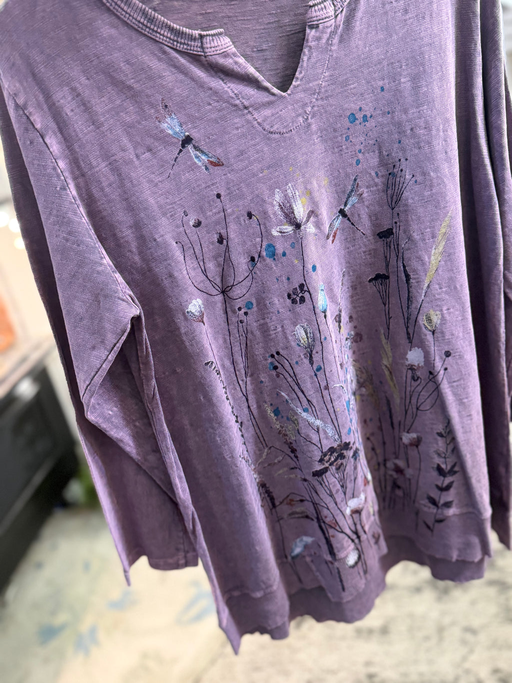 Amethyst colored mineral wash dragonfly print tunic