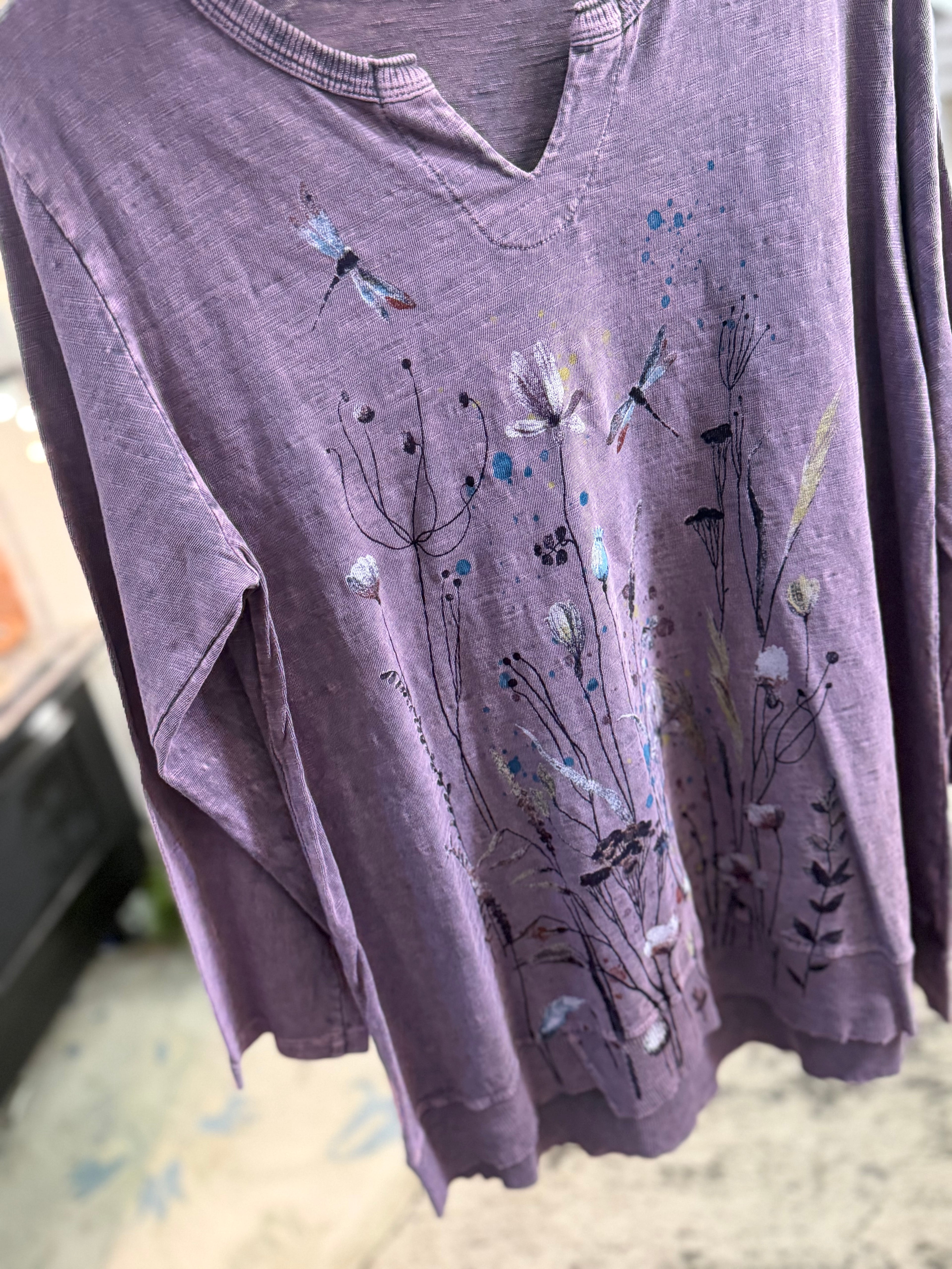 Amethyst colored mineral wash dragonfly print tunic