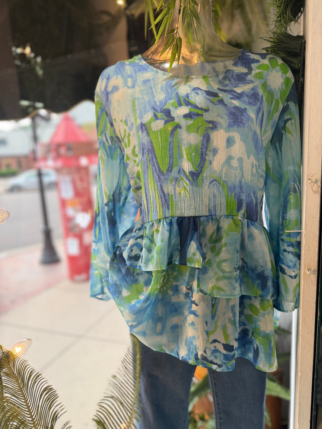 Turquoise and green print 3/4 sleeve chiffon detail  peplum blouse