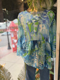 Turquoise and green print 3/4 sleeve chiffon detail  peplum blouse