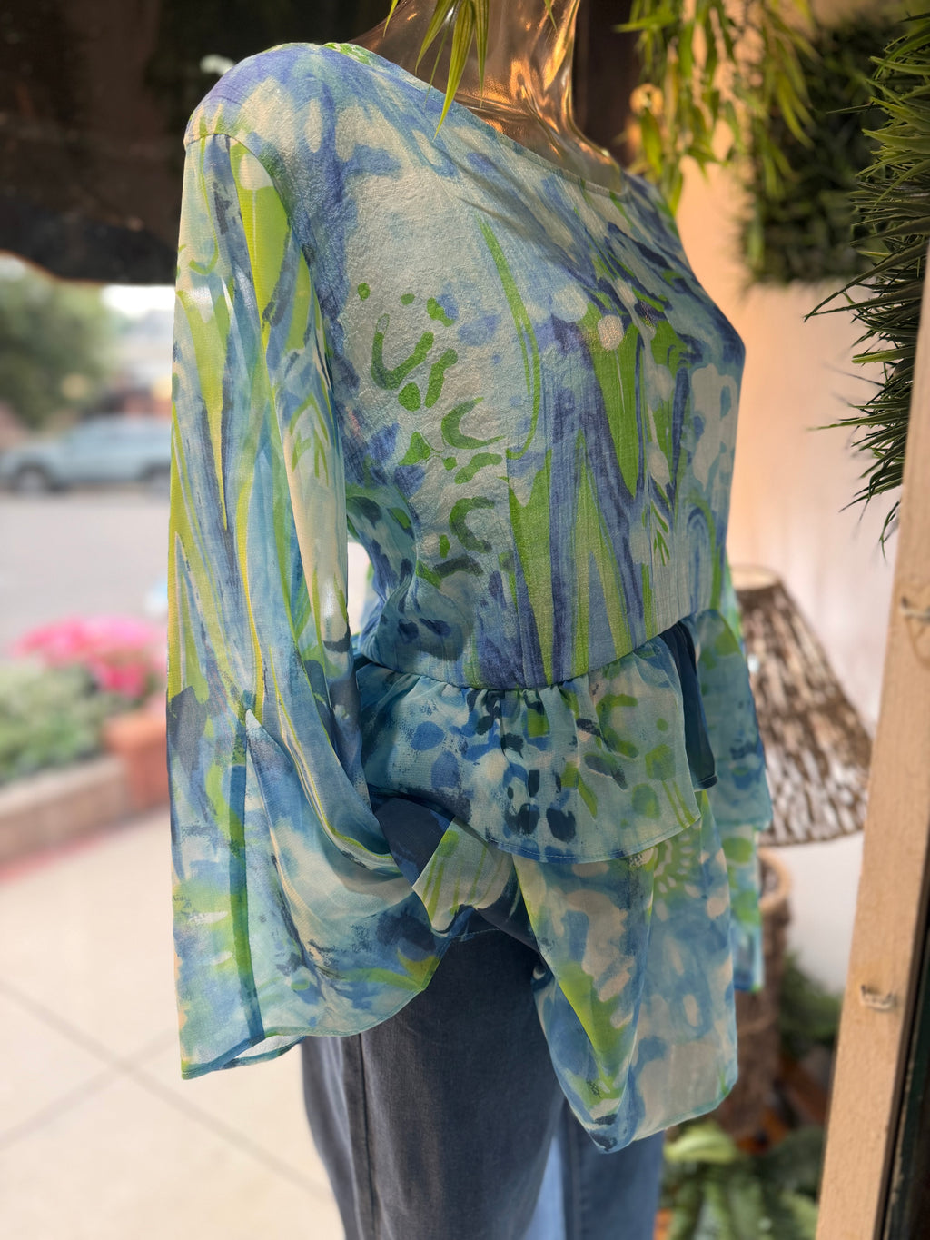 Turquoise and green print 3/4 sleeve chiffon detail  peplum blouse