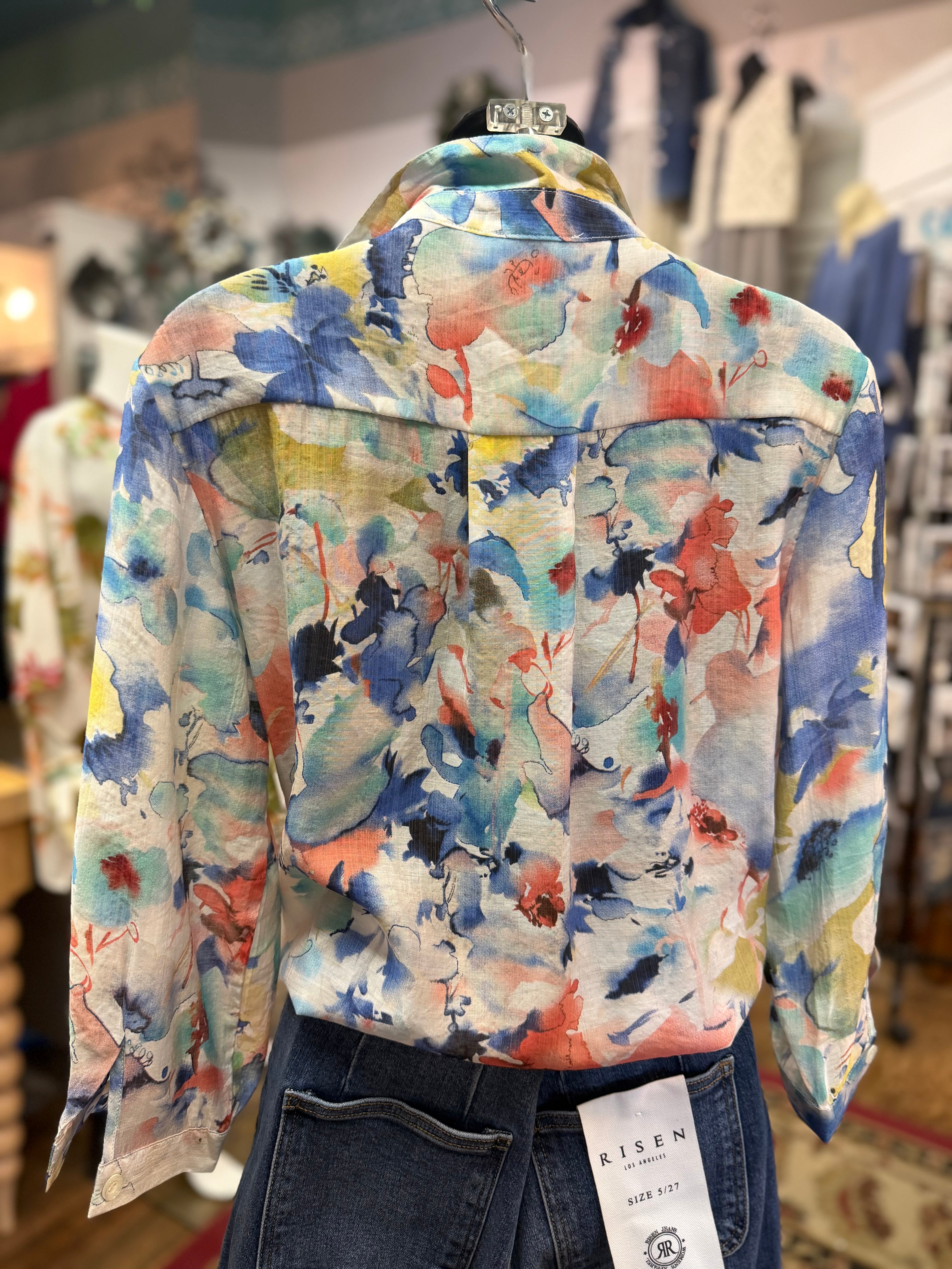 Tie front button up lightweight print blouse