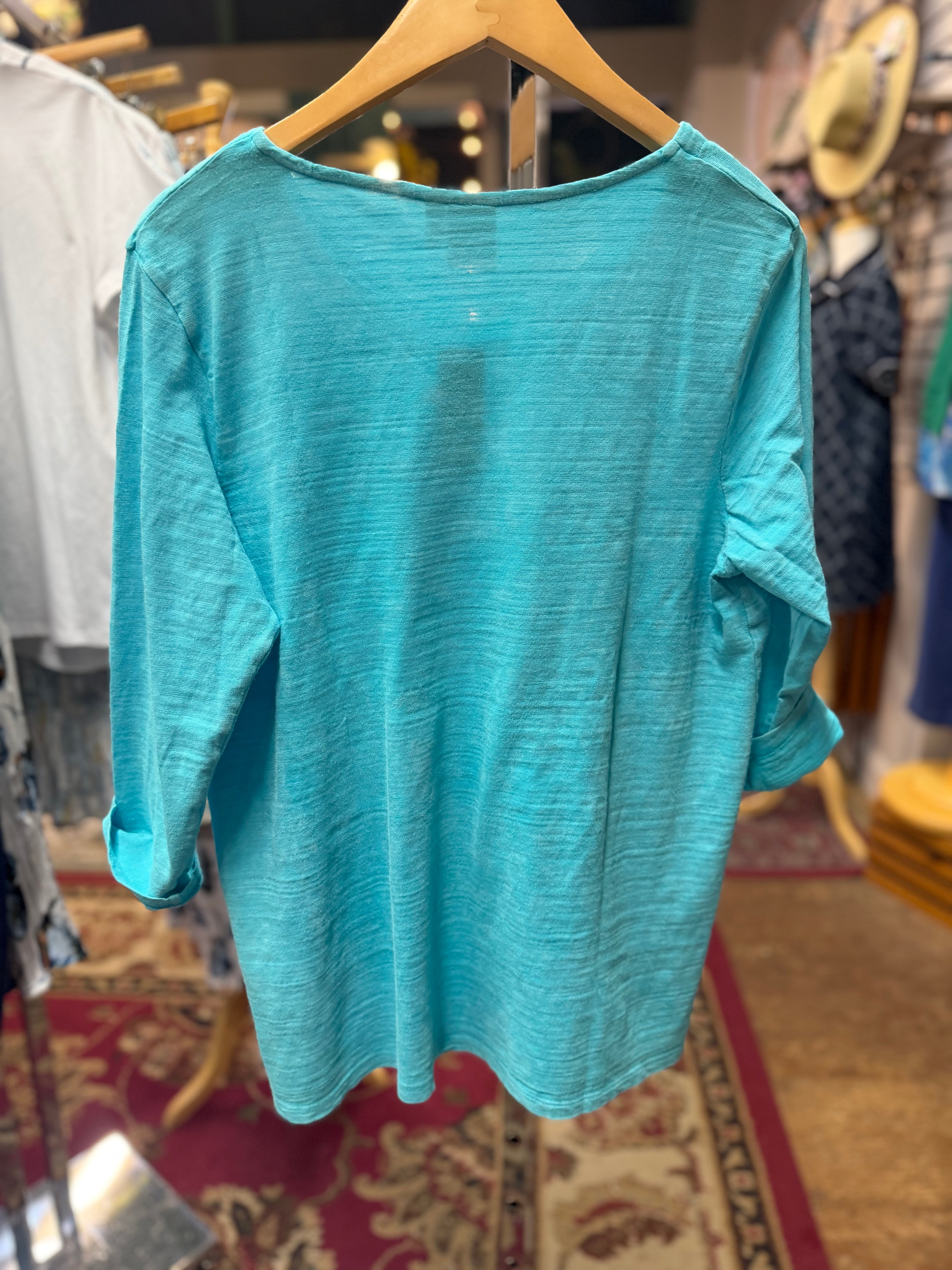 3/4 sleeve 100% cotton turquoise top