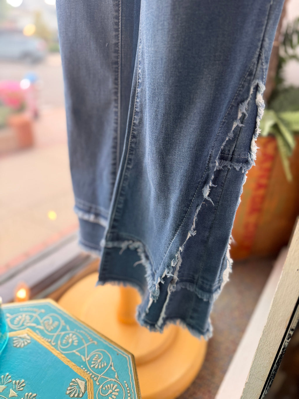 Zip front stretch detail jeans fringe