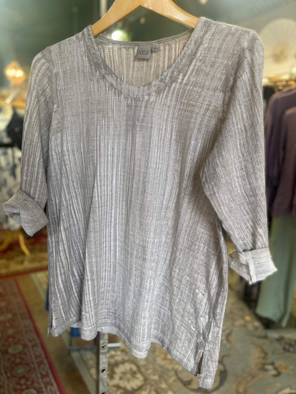 3/4 sleeve 100% cotton brush dye taupe top