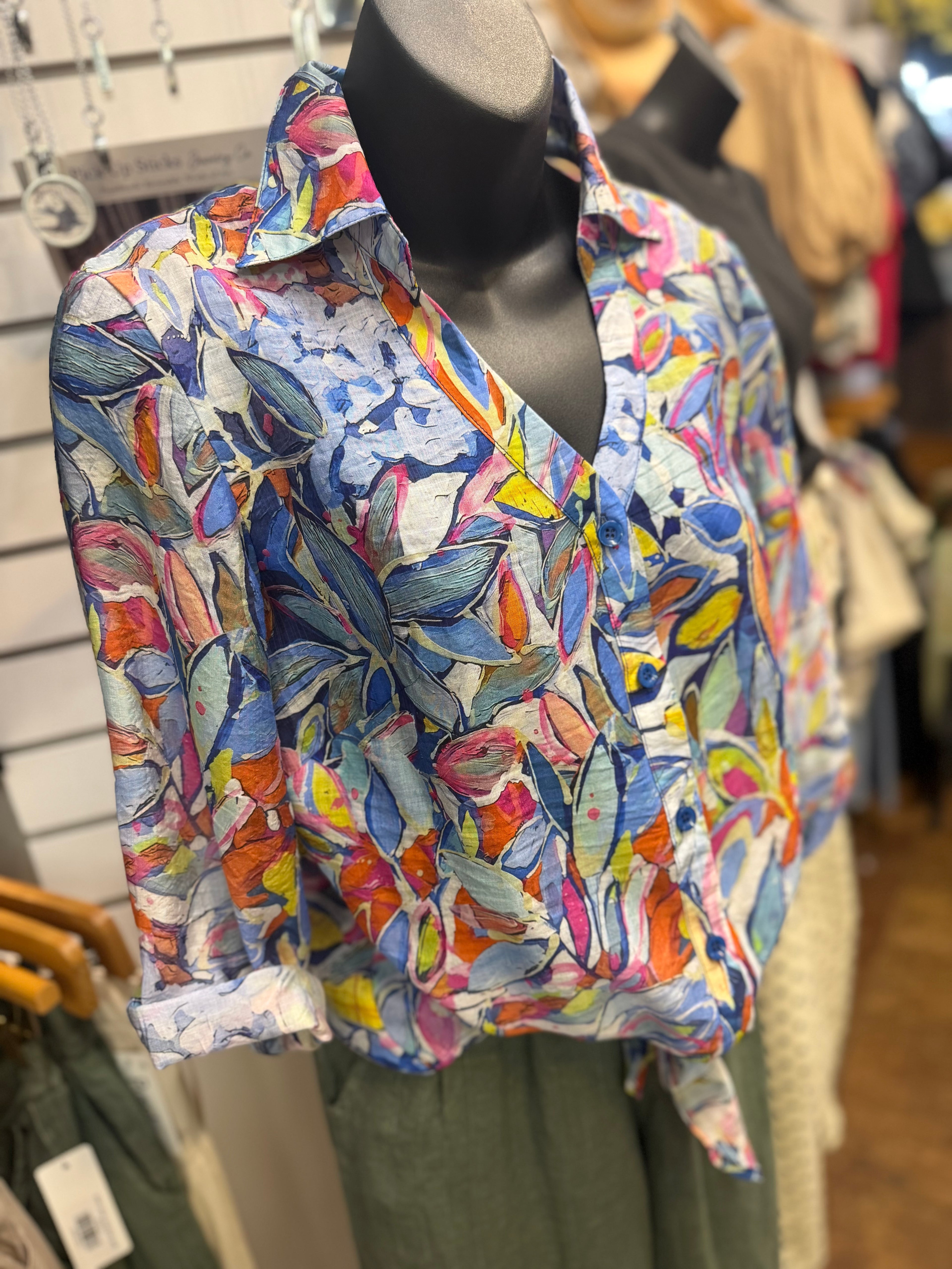 Tie front lightweight new leaf print