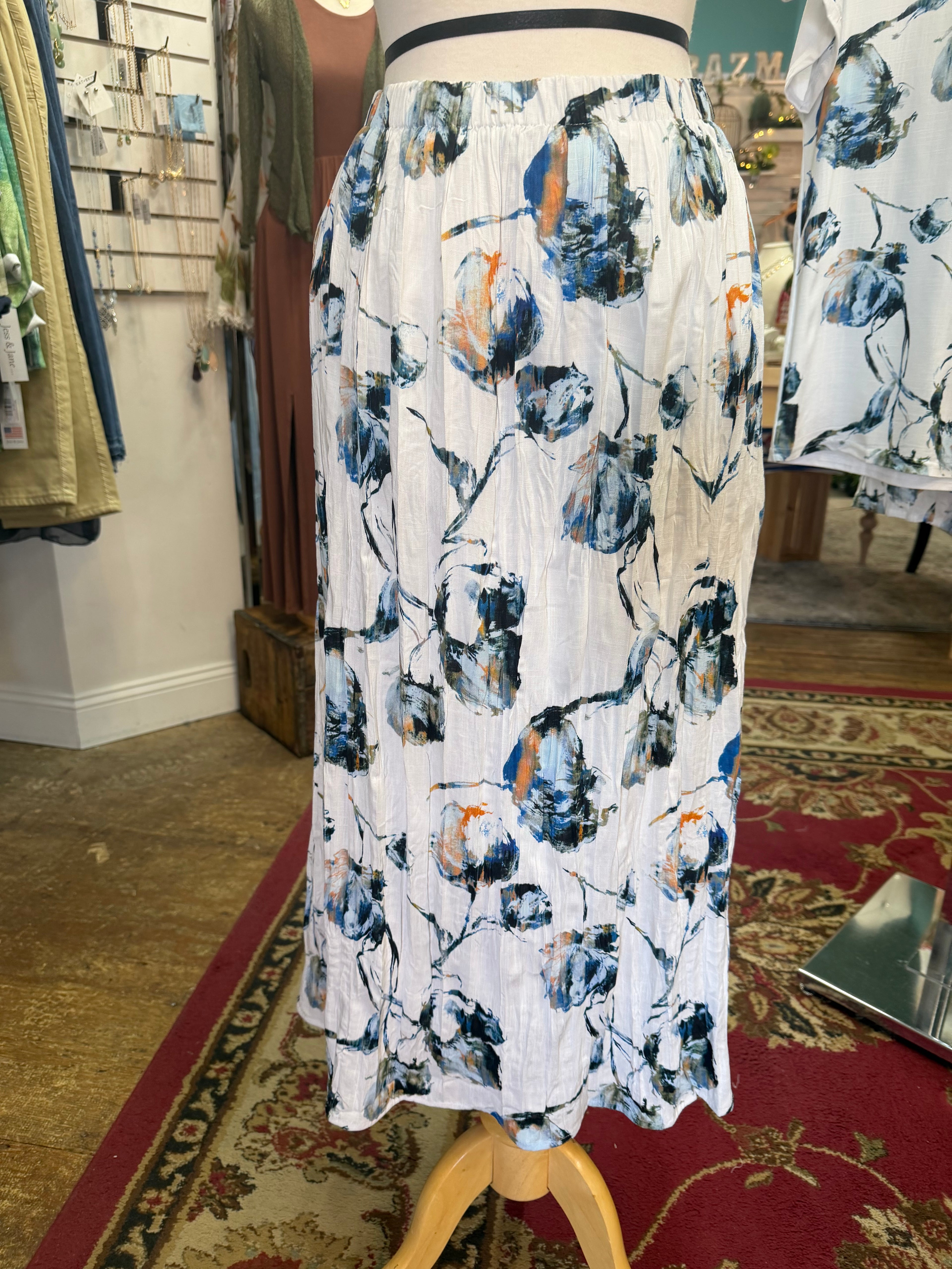 Blue and white print broomskirt