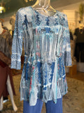 Print blue lightweight 3/4 sleeve flaired blouse