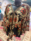 Black print kimono style blouse with tie front
