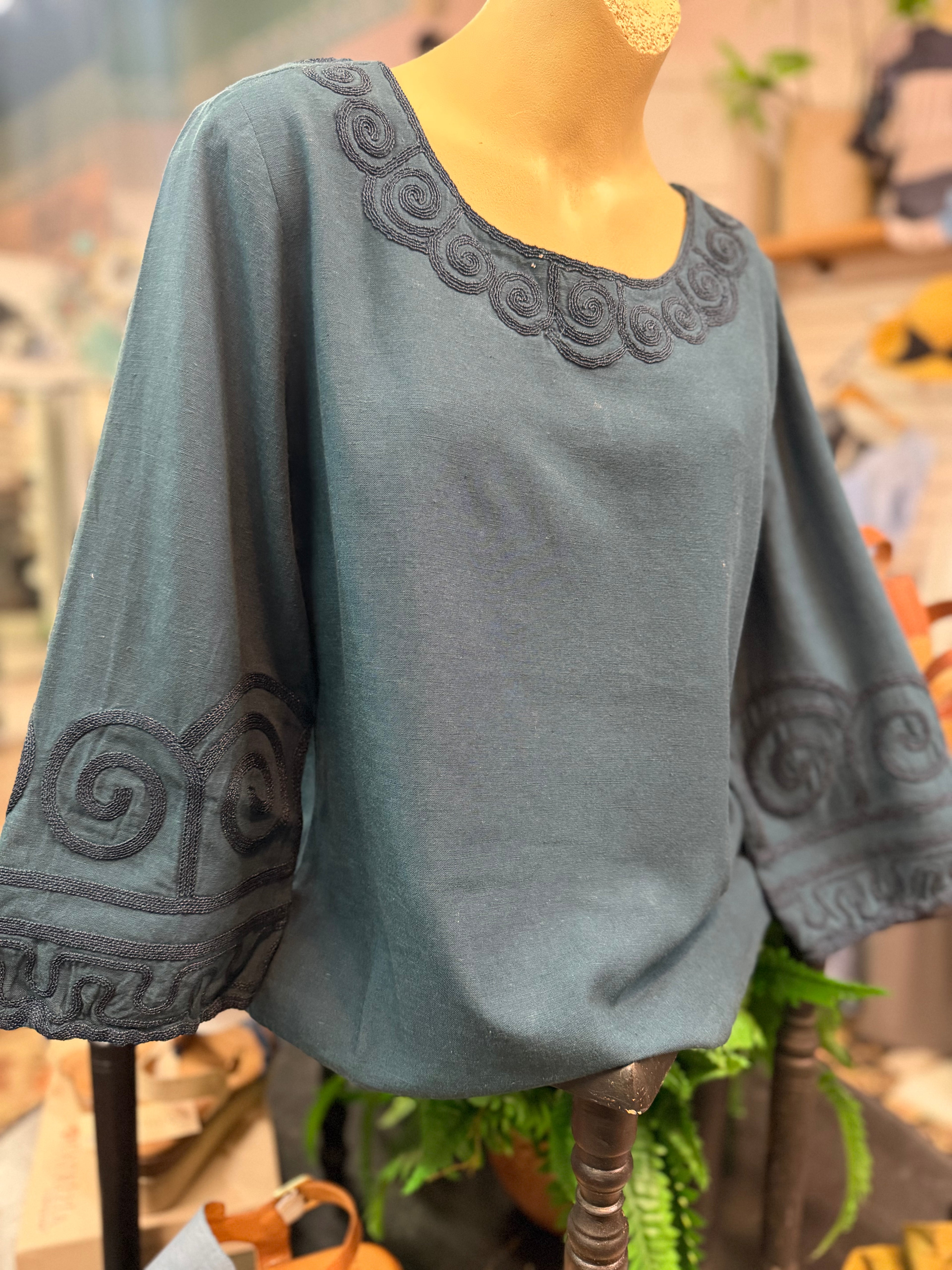Deep teal embroidered sleeve & neckline blouse