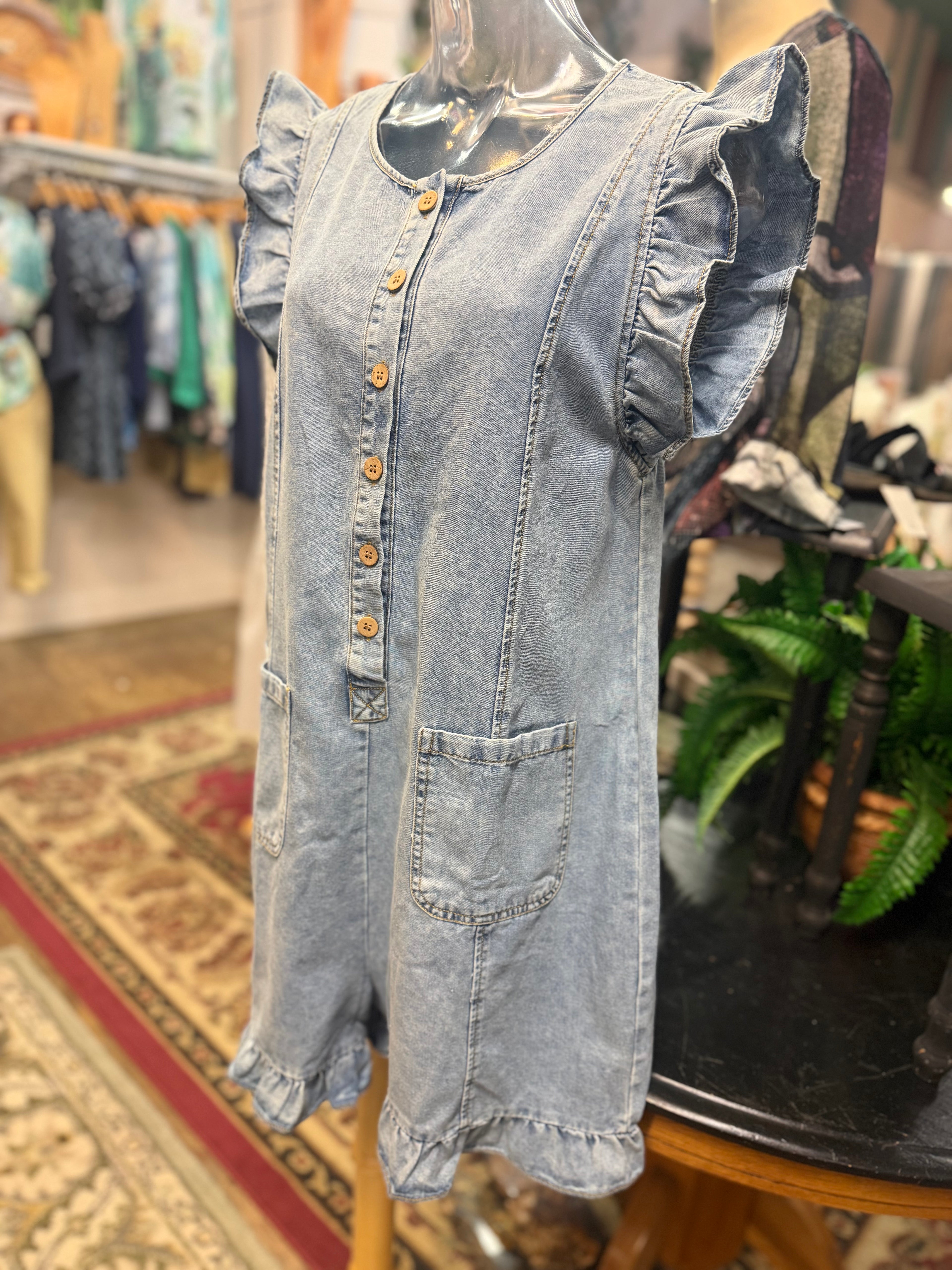 Denim ruffle romper