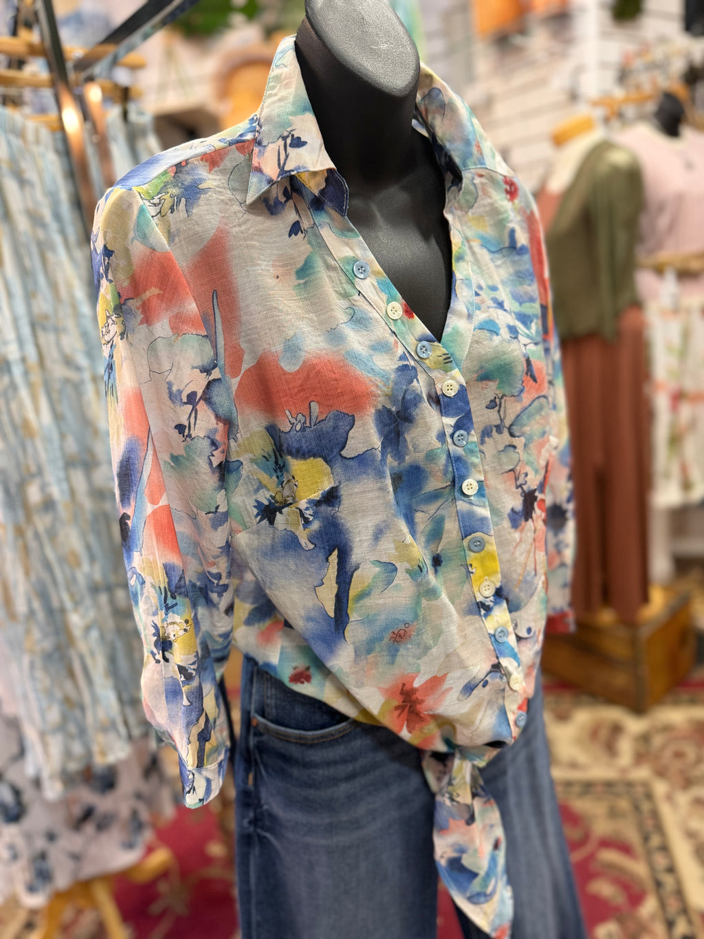 Tie front button up lightweight print blouse