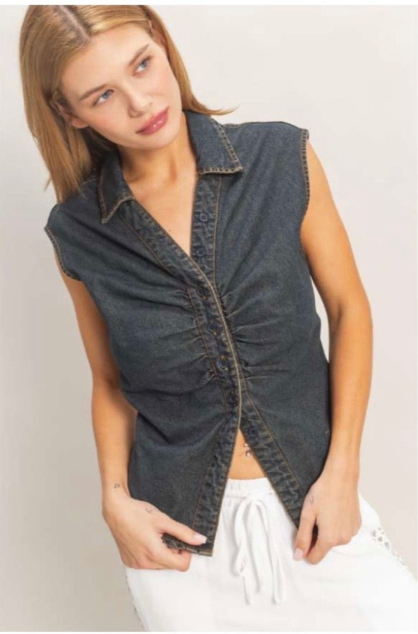 ruched sleeveless dark denim buttonup tank