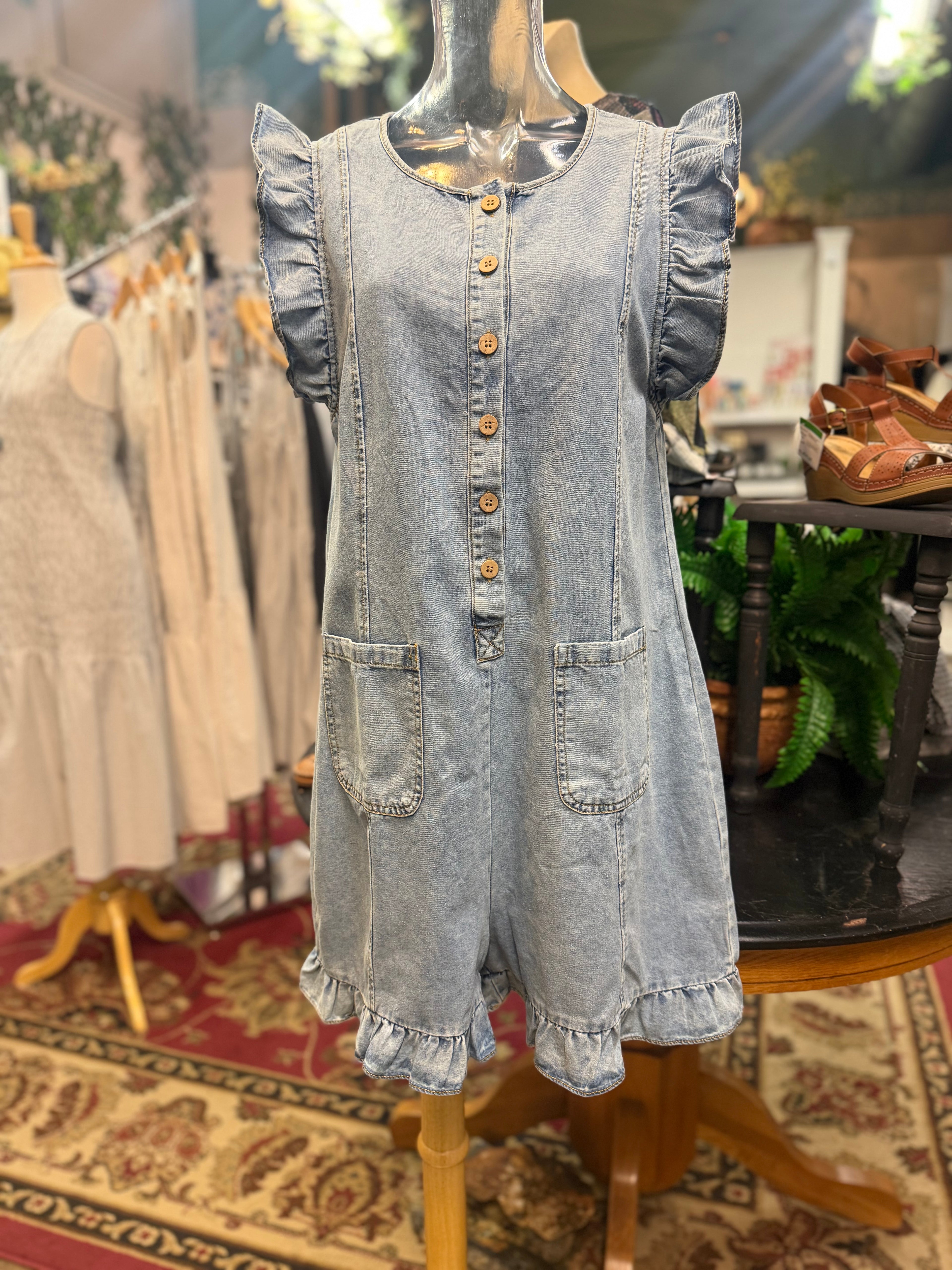 Denim ruffle romper