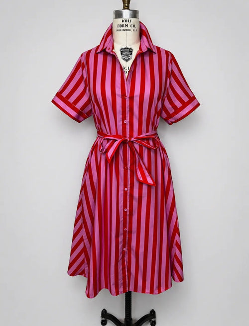 100% cotton red/pink stripe collared dress