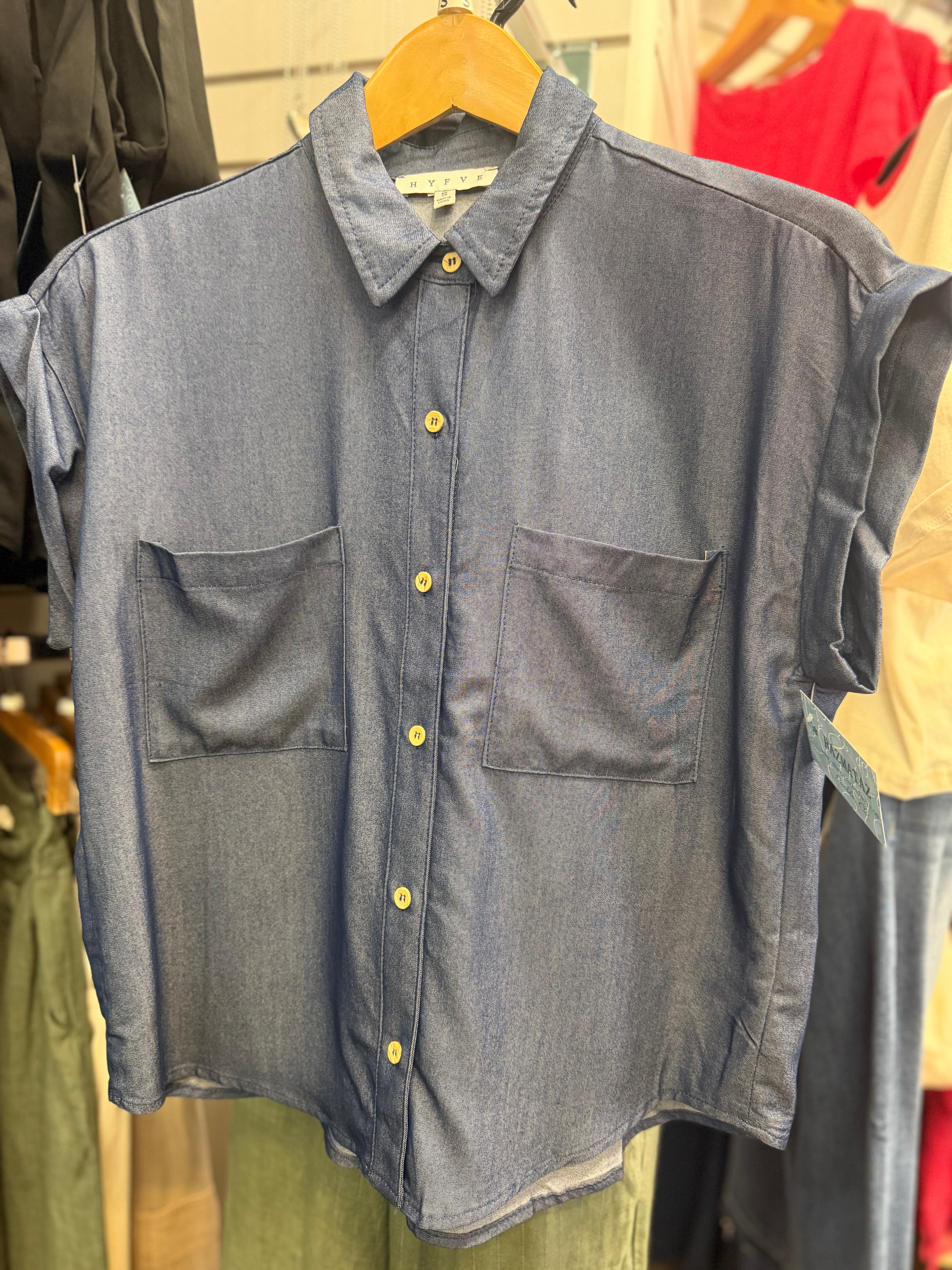 Dark denim button up sleeveless blouse