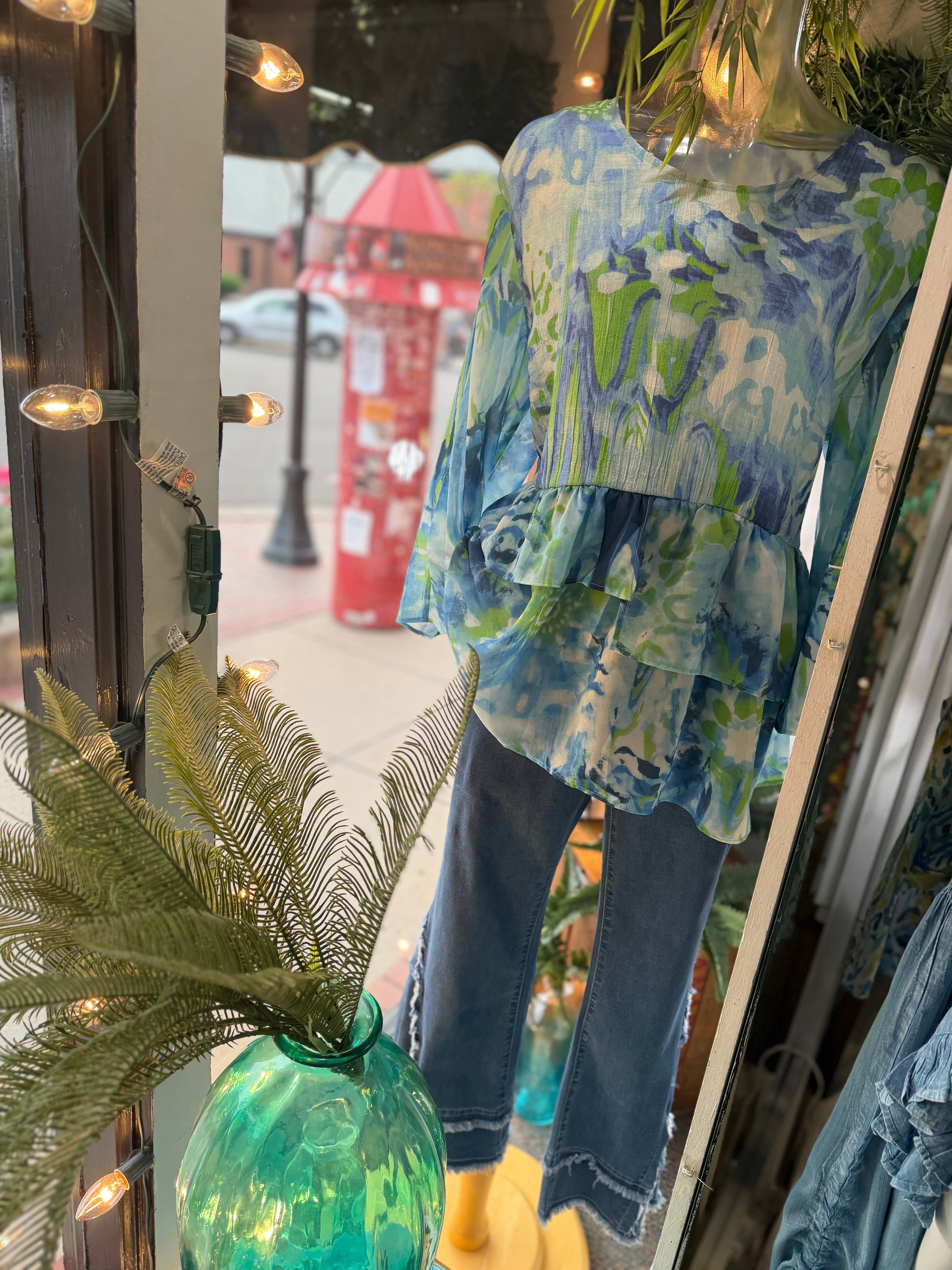 Turquoise and green print 3/4 sleeve chiffon detail  peplum blouse