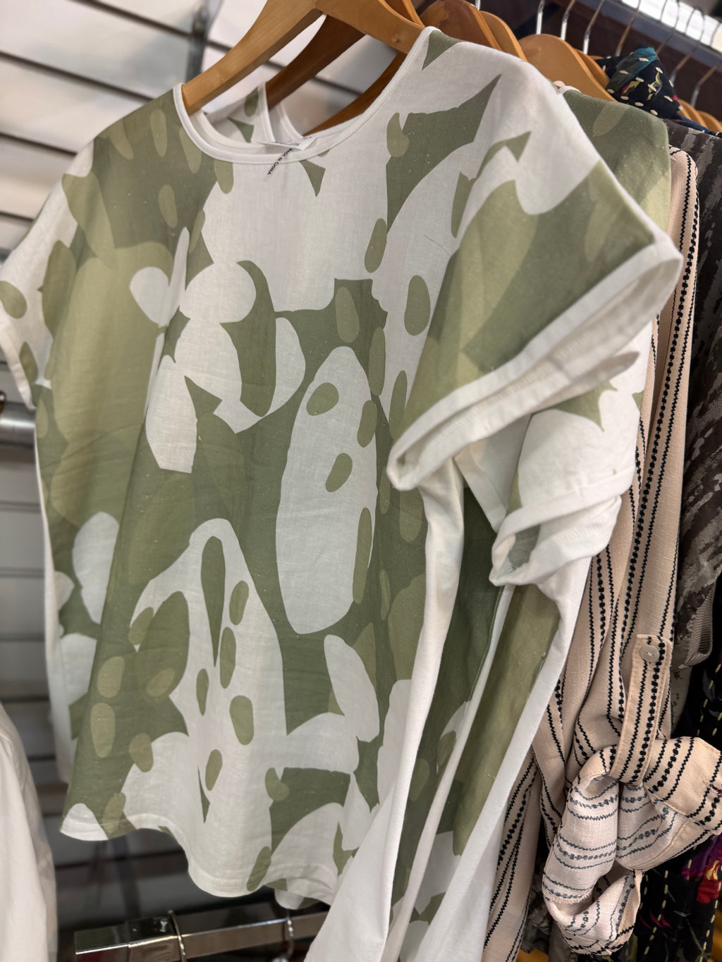 Sage & white print linen front knit back top