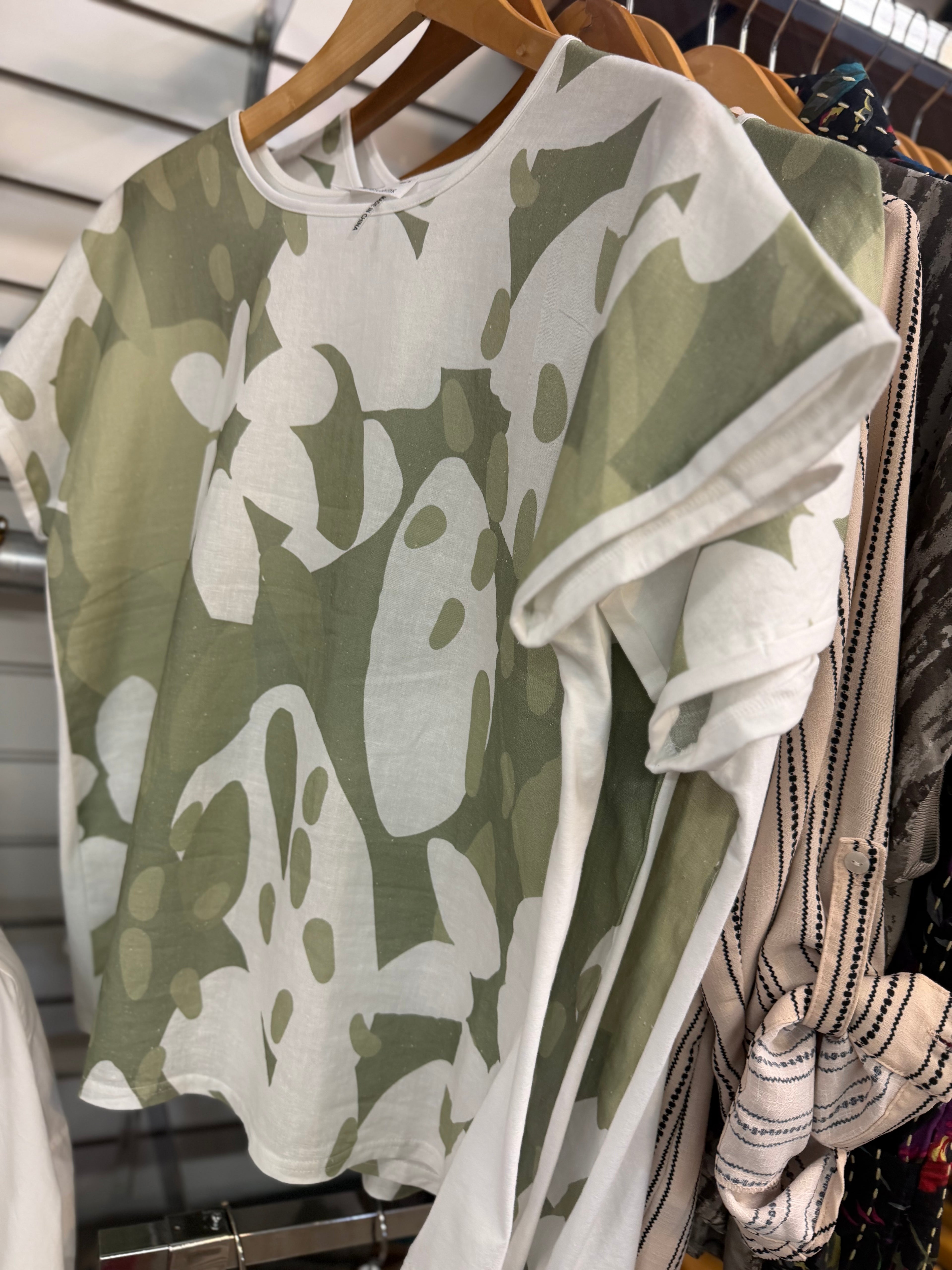 Sage & white print linen front knit back top
