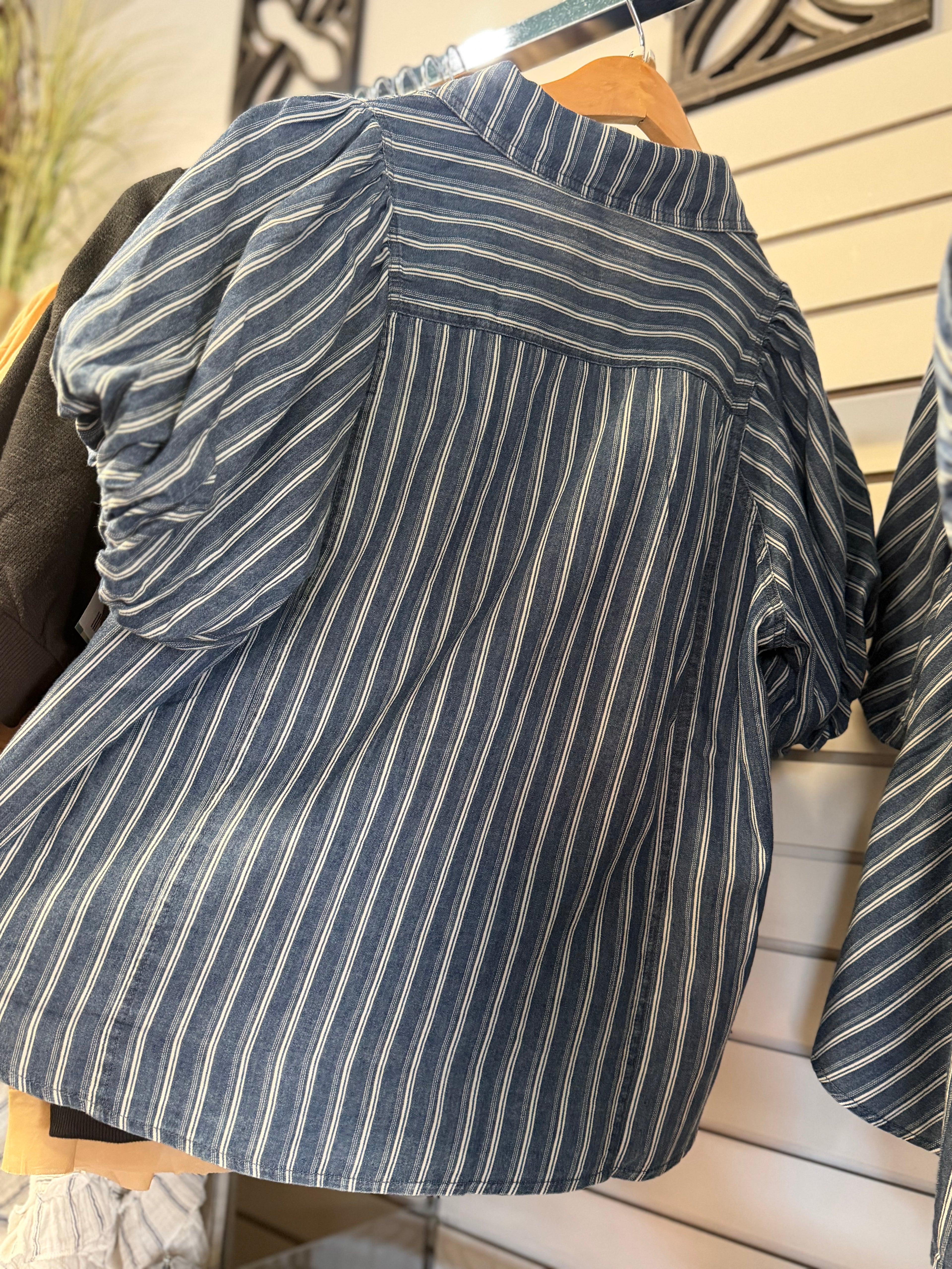 Stripe denim button-up top easel