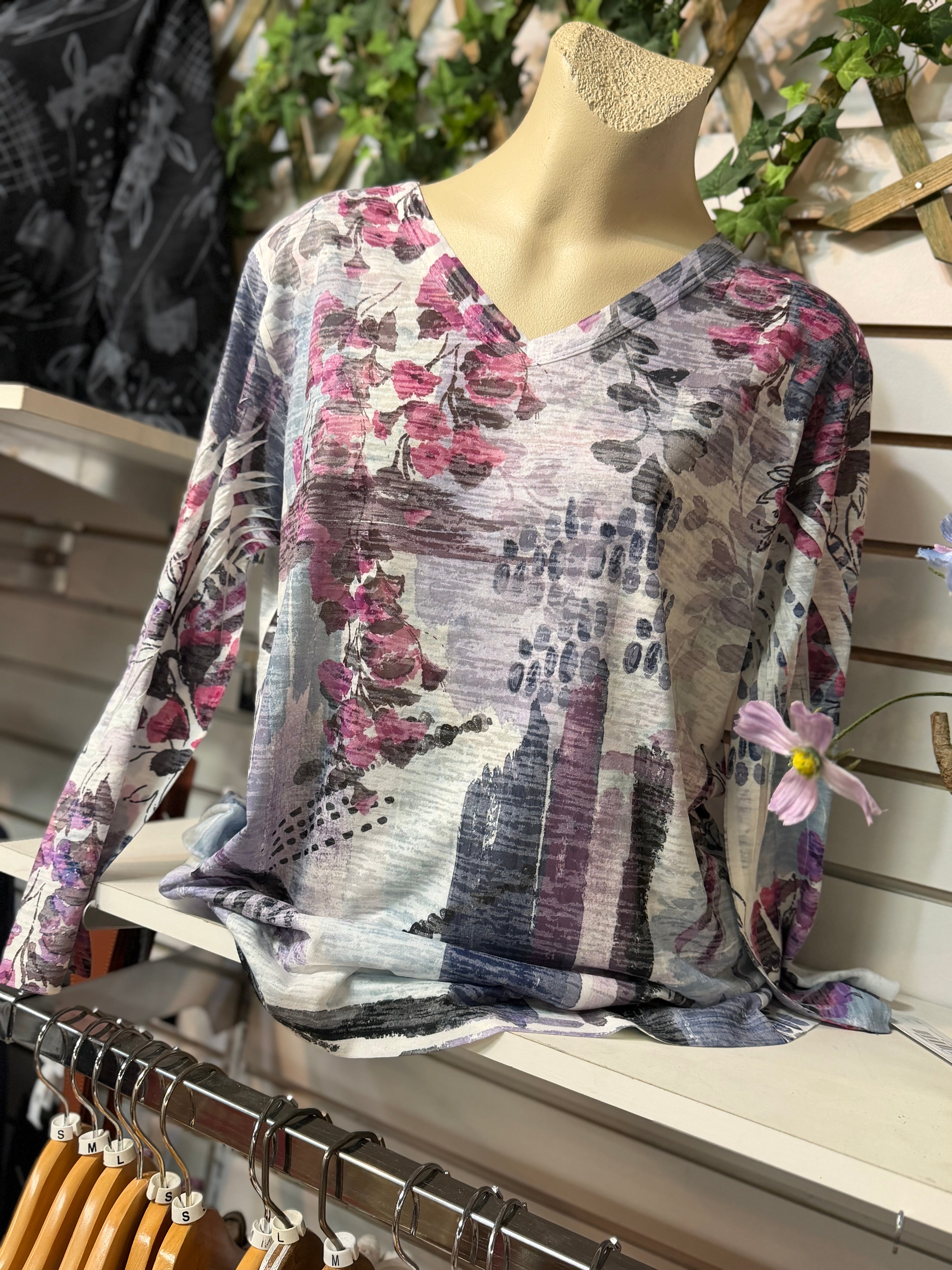 Pinks & purples watercolor floral print burnout tunic