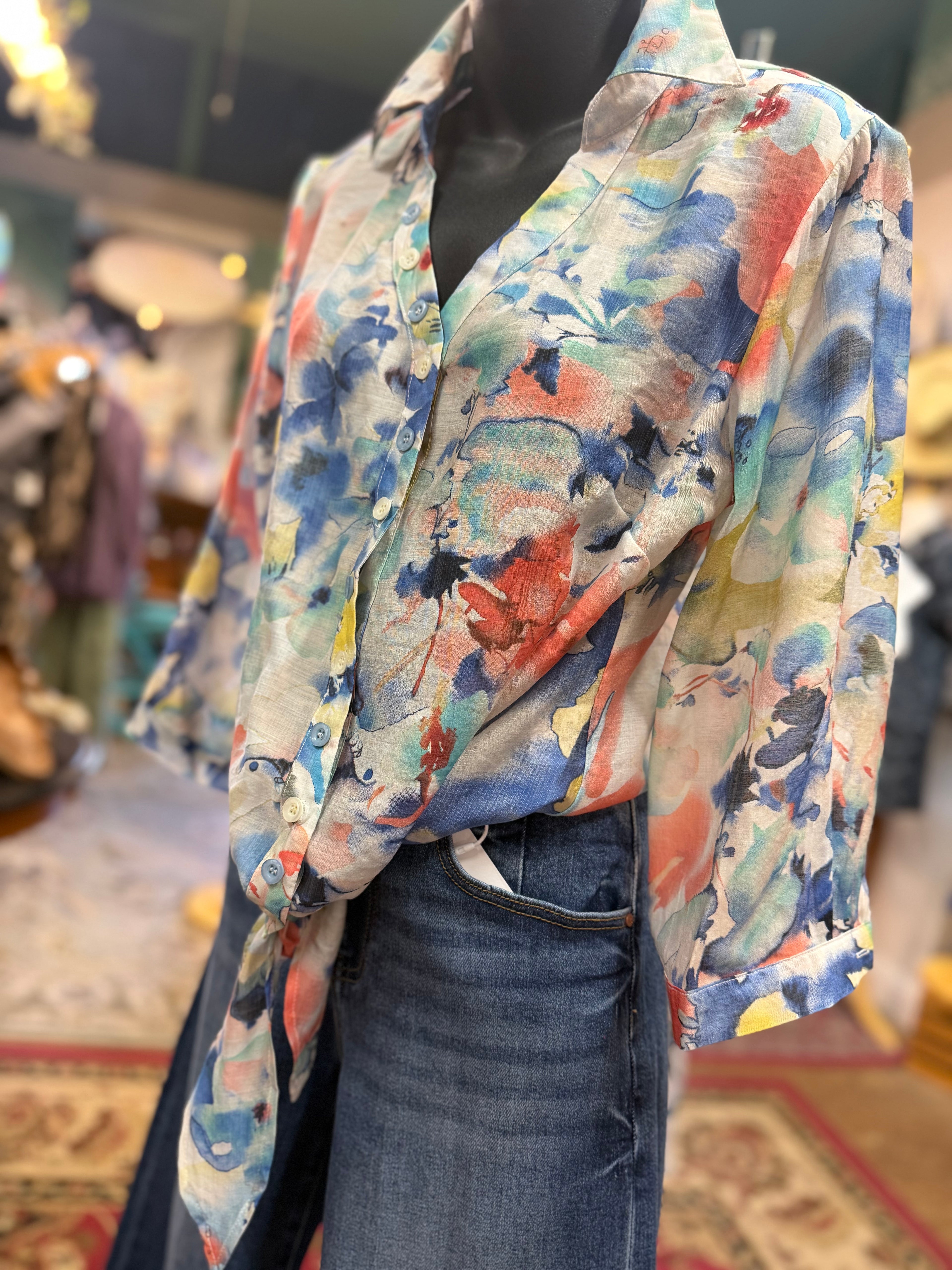 Tie front button up lightweight print blouse