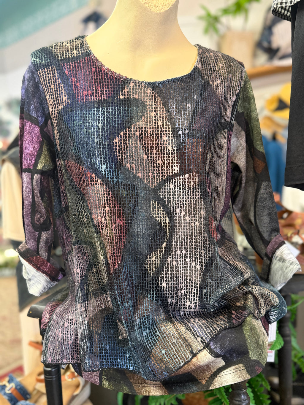 Boucle mesh overlay Cotton modal print JJ blouse