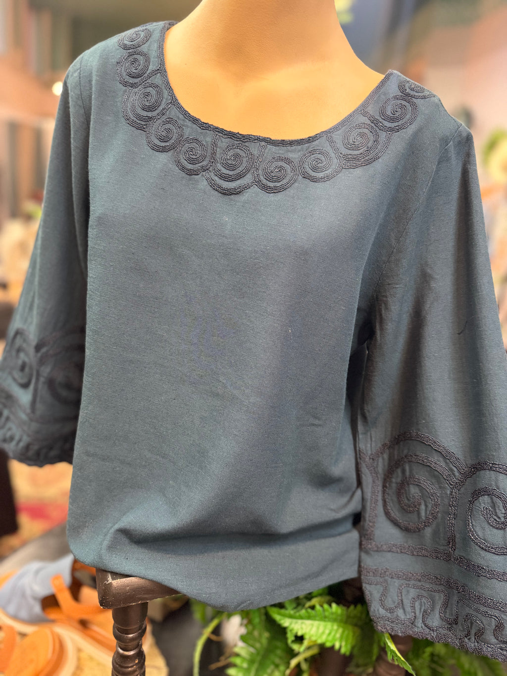 Deep teal embroidered sleeve & neckline blouse