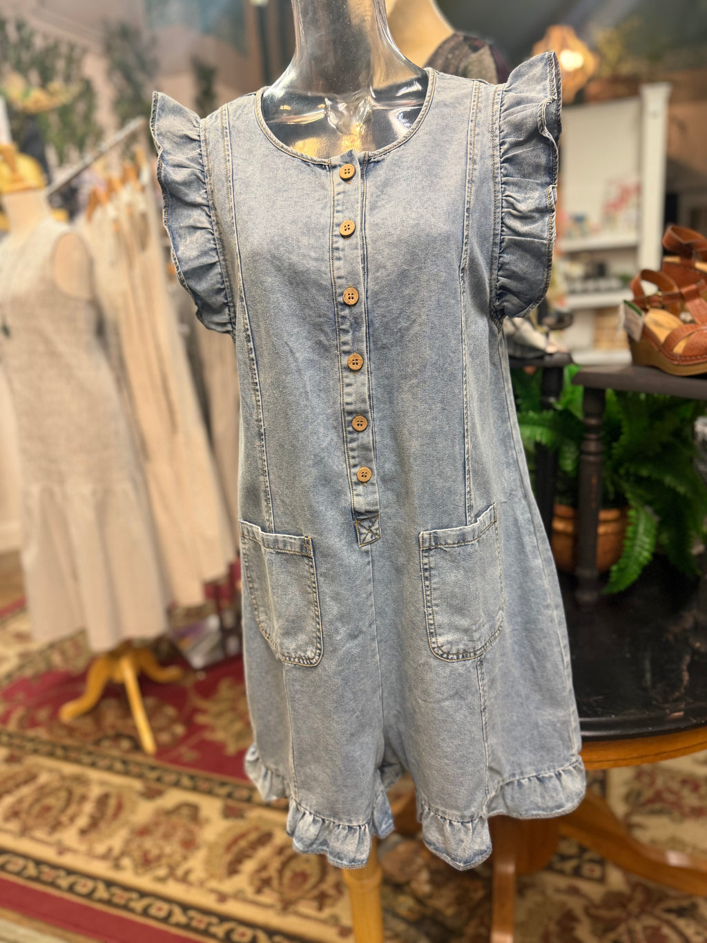 Denim ruffle romper