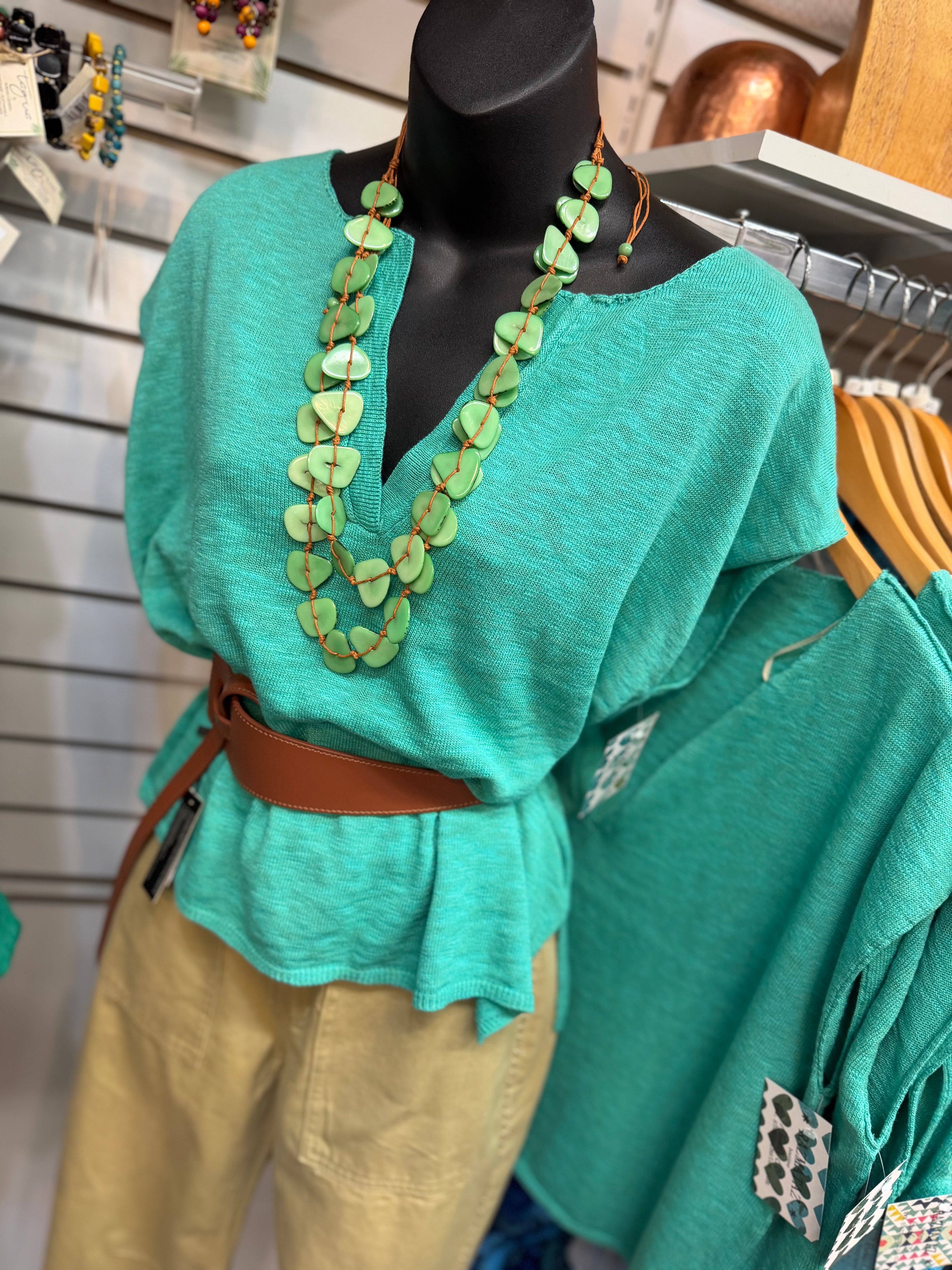 Light teal v-neck lightweight oversize top