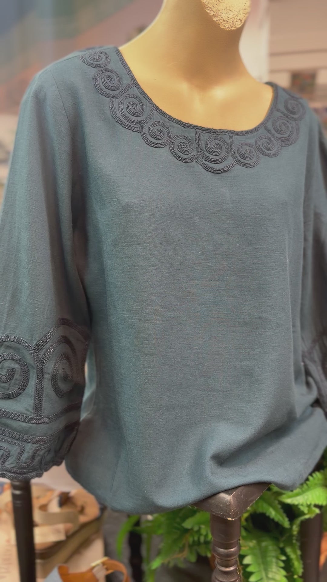 Deep teal embroidered sleeve & neckline blouse