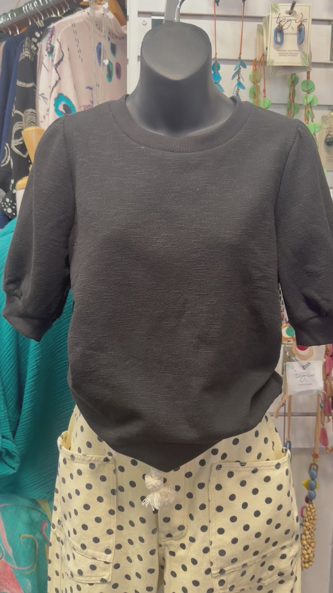 French terry black puff sleeve tshirt